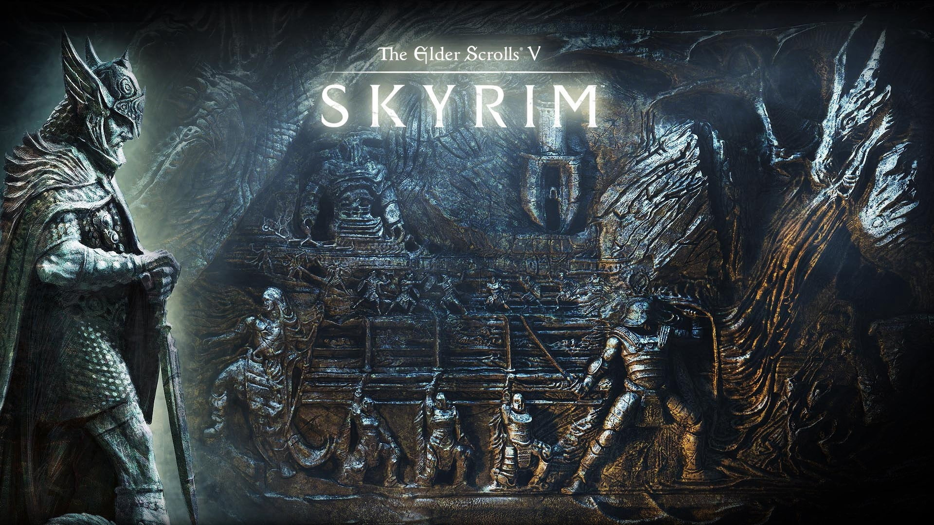 text, warrior, spirituality, statue, the elder scrolls skyrim, communication, digital, no people, the past, sculpture, representation, sword, HD Wallpaper