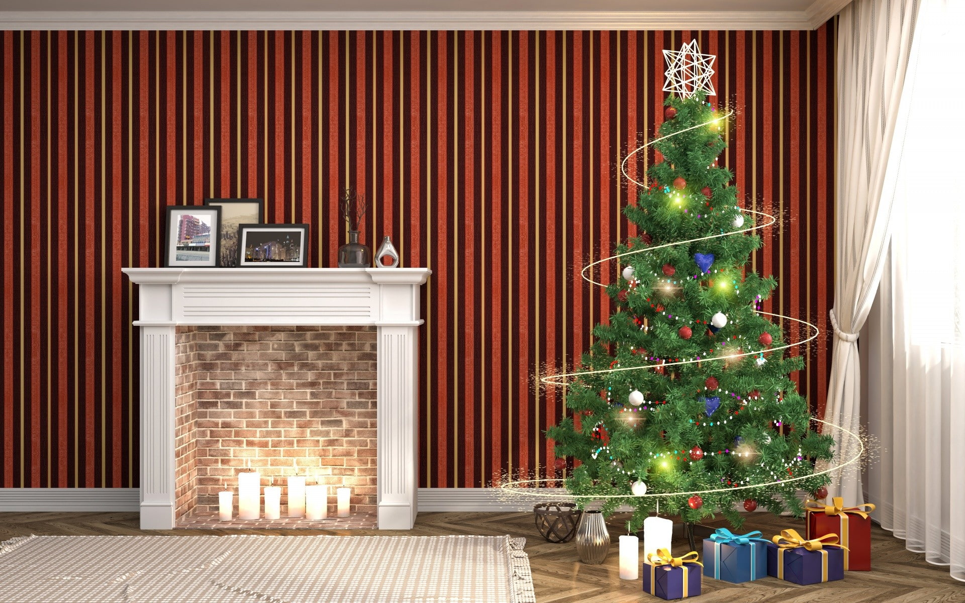 fireplace, christmas ornament, 1080P, celebration, gift, holiday - event, holiday, event, no people, decoration, domestic life, home interior, indoors, HD Wallpaper
