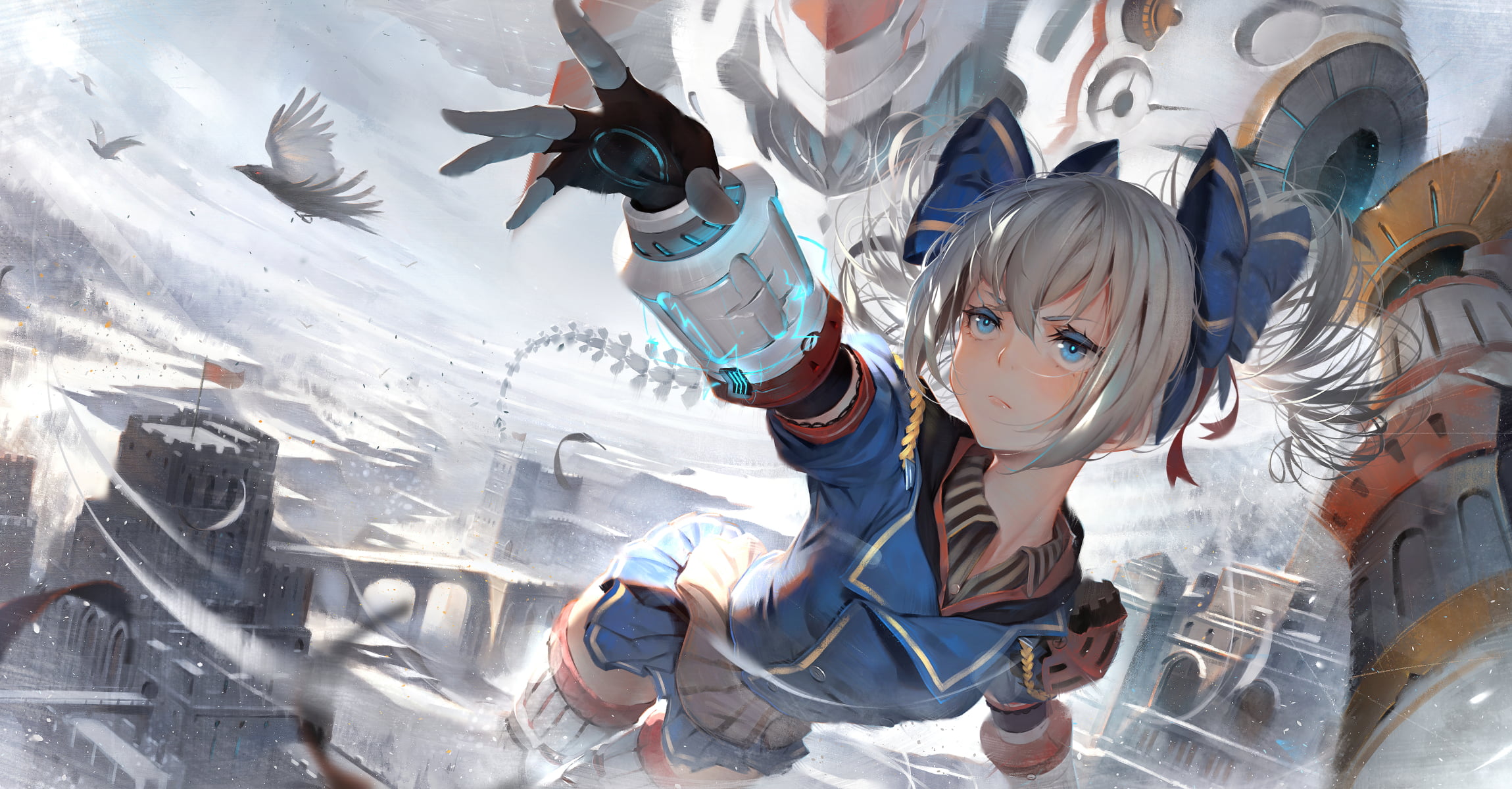 women, Honkai Impact 3rd, drawing, blue eyes, artwork, silver hair, Chika Toriumi, 1080P, digital painting, 2D, fantasy art, digital art, flying, anime girls, HD Wallpaper