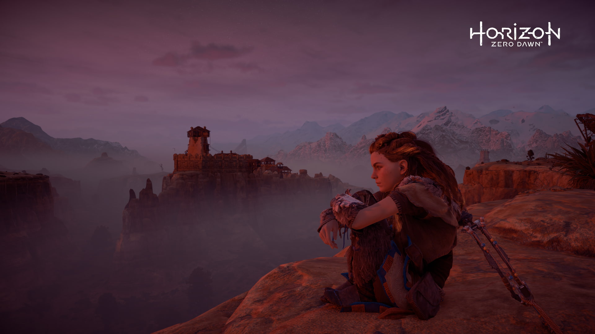 adult, mountains, beauty in nature, screen shot, sky, architecture, mountain range, rock - object, Aloy (Horizon: Zero Dawn), one person, leisure activity, HD Wallpaper