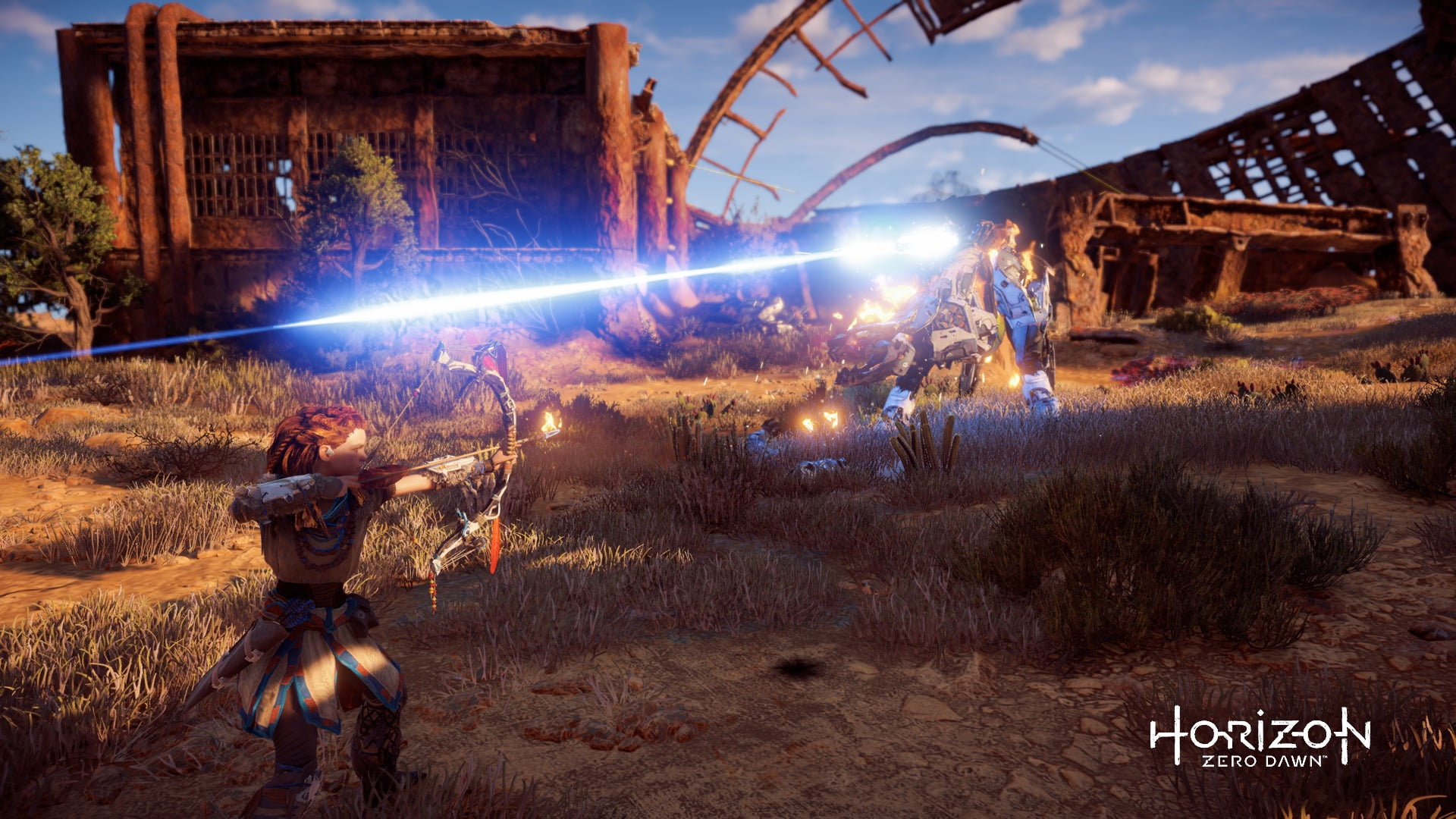 bow, motion, sky, one person, burning, long exposure, weapon, built structure, illuminated, architecture, tree, lens flare, 1080P, outdoors, Aloy (Horizon: Zero Dawn), HD Wallpaper