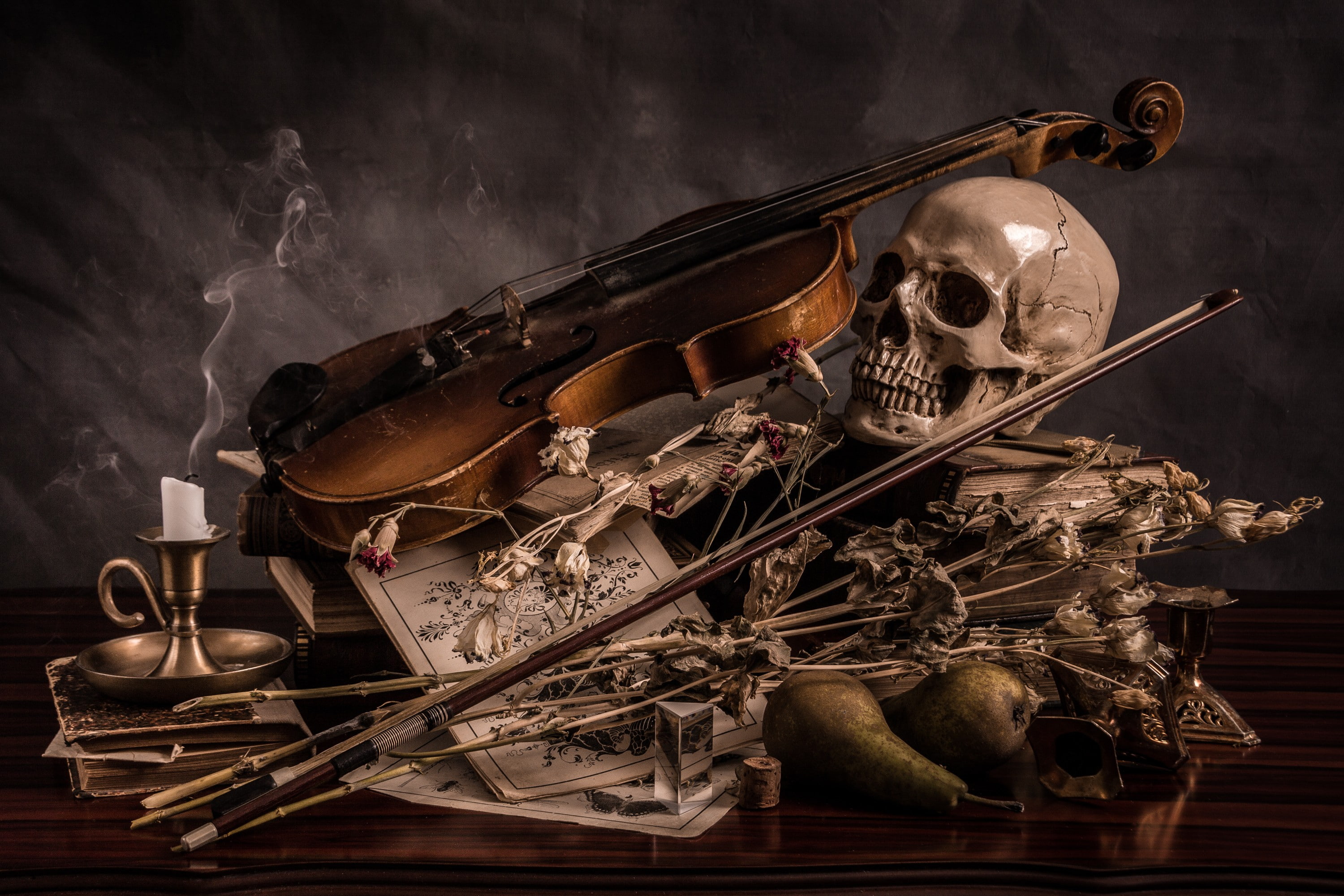 arts culture and entertainment, skull, obsolete, black background, bone, table, 2K, violin, studio shot, metal, hand tool, candles, musical instrument, HD Wallpaper