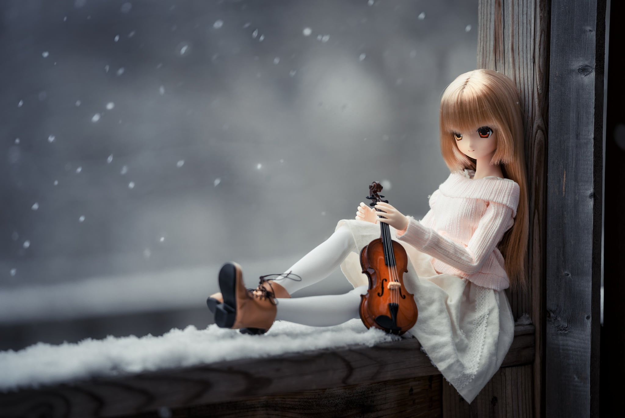 mood, doll, 1080P, window, violin, HD Wallpaper