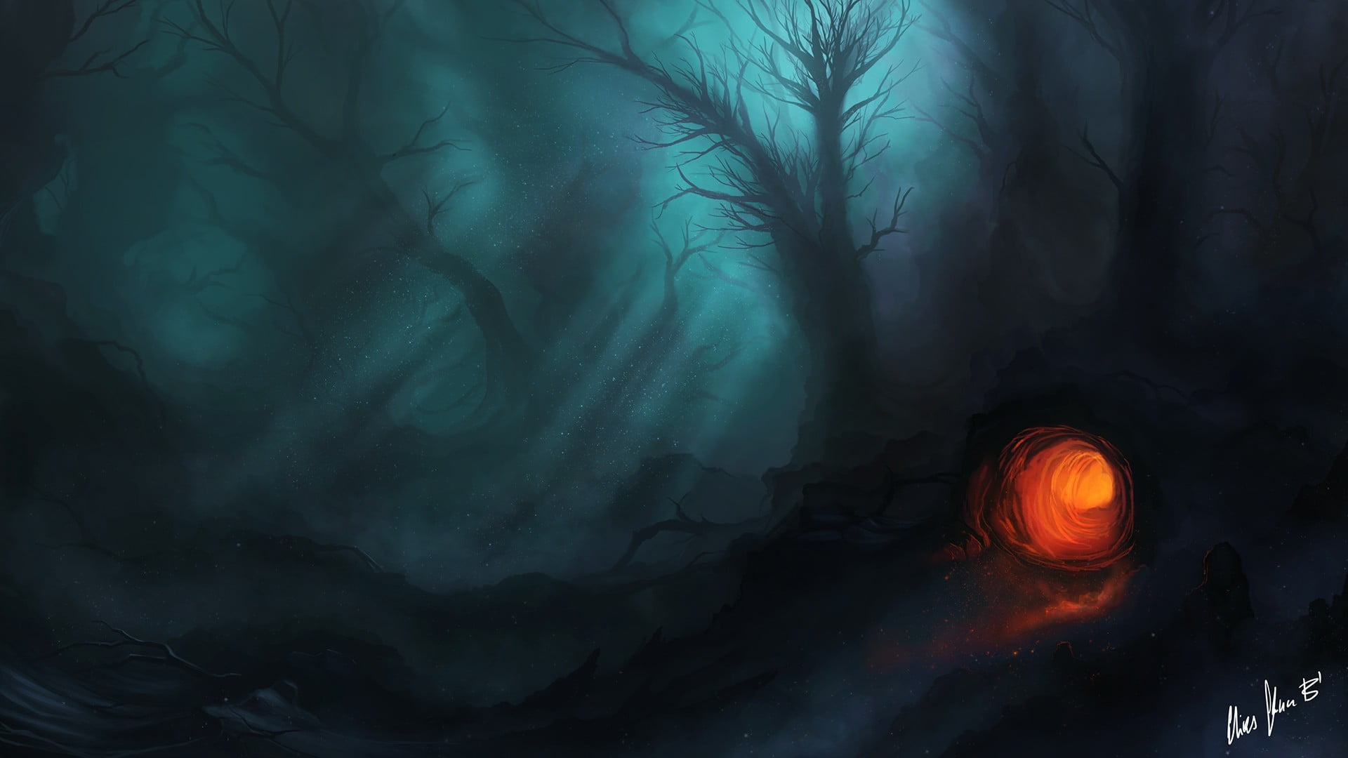 illuminated, nature, smoke - physical structure, outdoors, fantasy, dark fantasy, low angle view, orange color, red, tree, illustration, environment, dark, HD Wallpaper