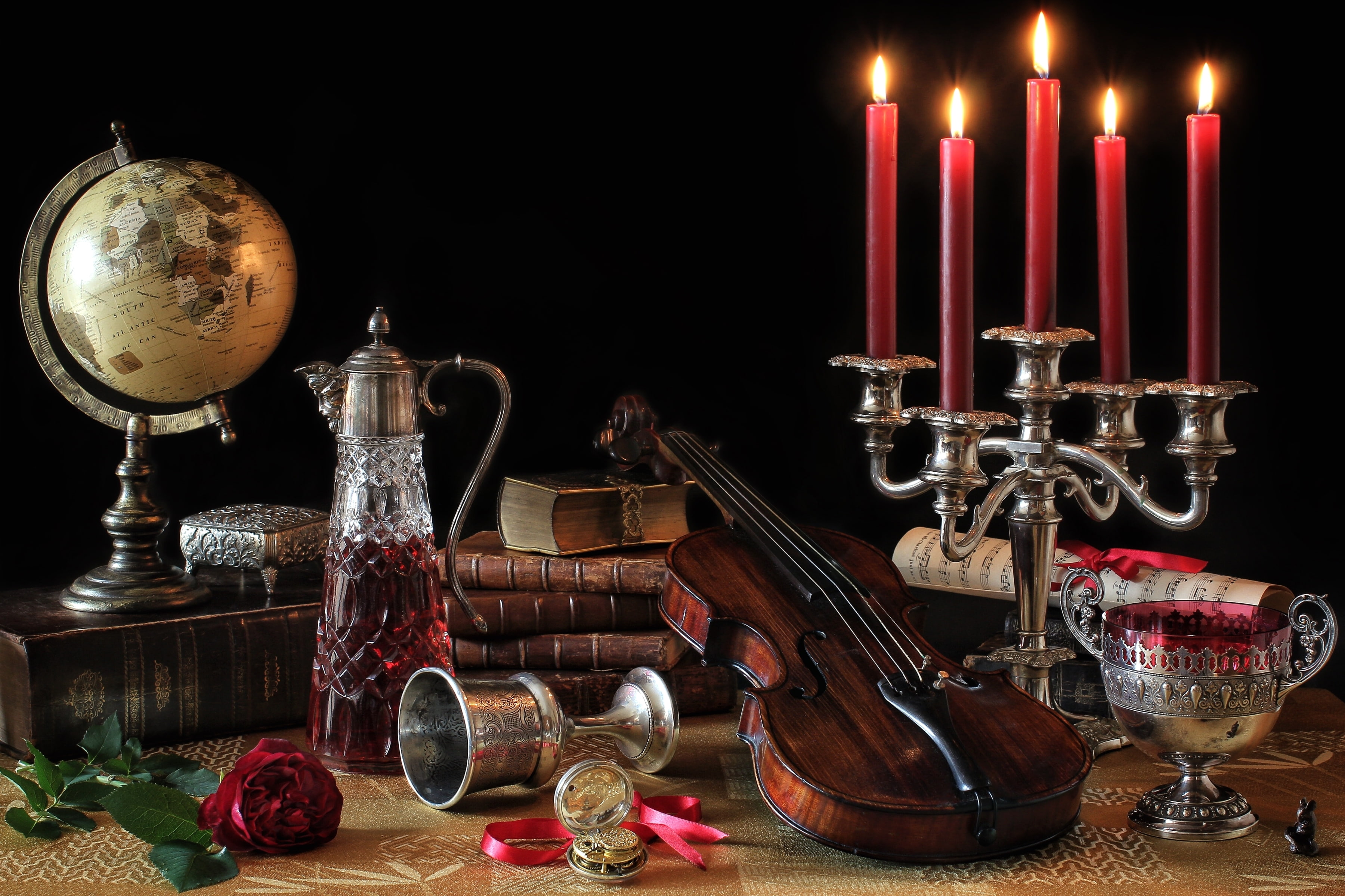globe, violin, bowl, rose, notes, 2K, decanter, candles, books, still life, HD Wallpaper