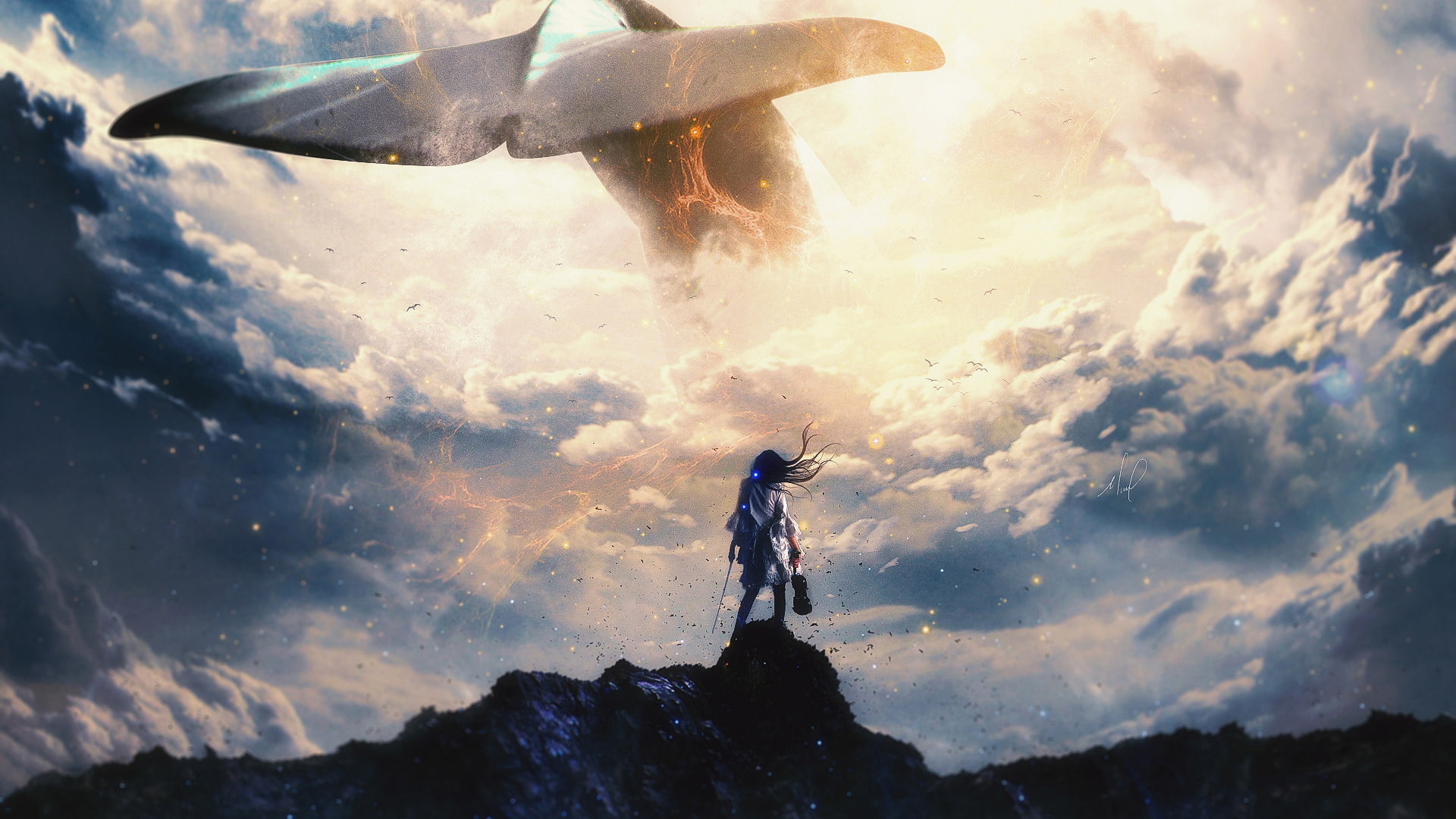 women, 1080P, fantasy art, violin, clouds, whale, HD Wallpaper