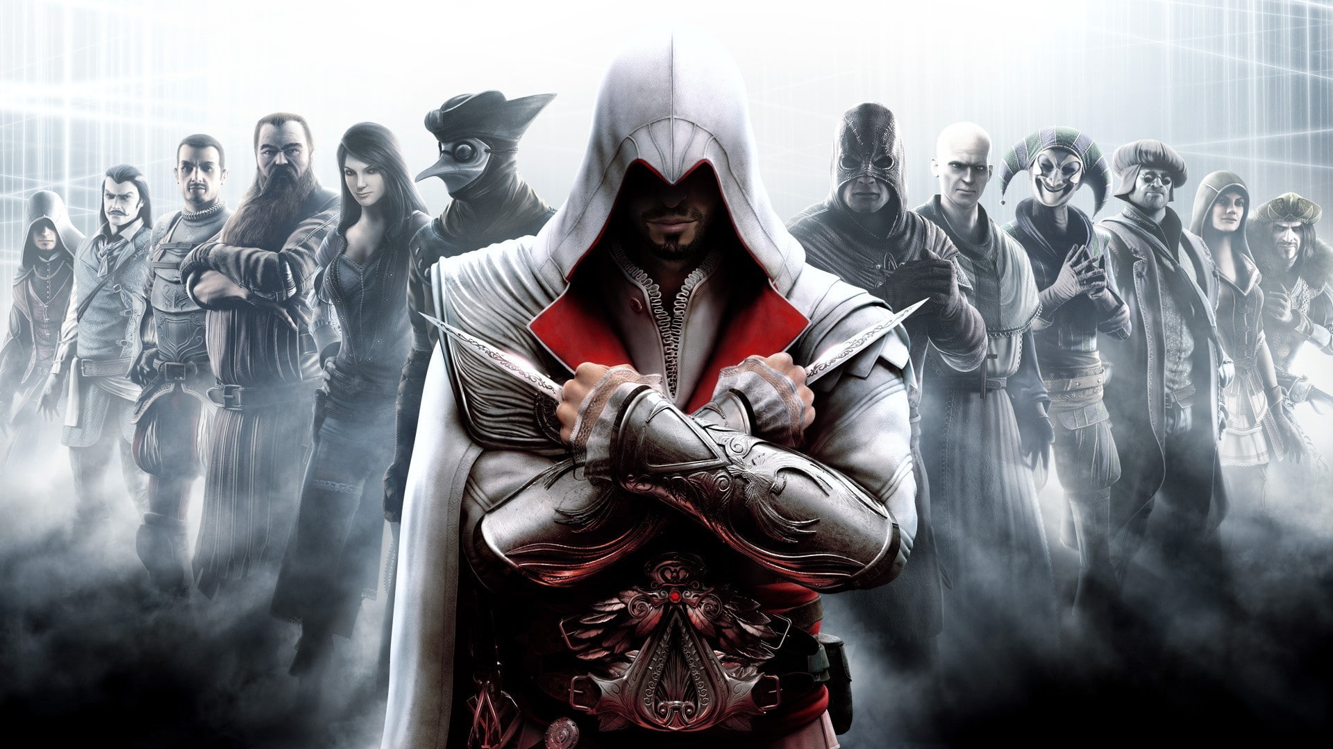 looking at camera, Assassins Creed: Brotherhood, 1080P, video games, traditional clothing, architecture, portrait, religion, clothing, art and craft, group of people, HD Wallpaper