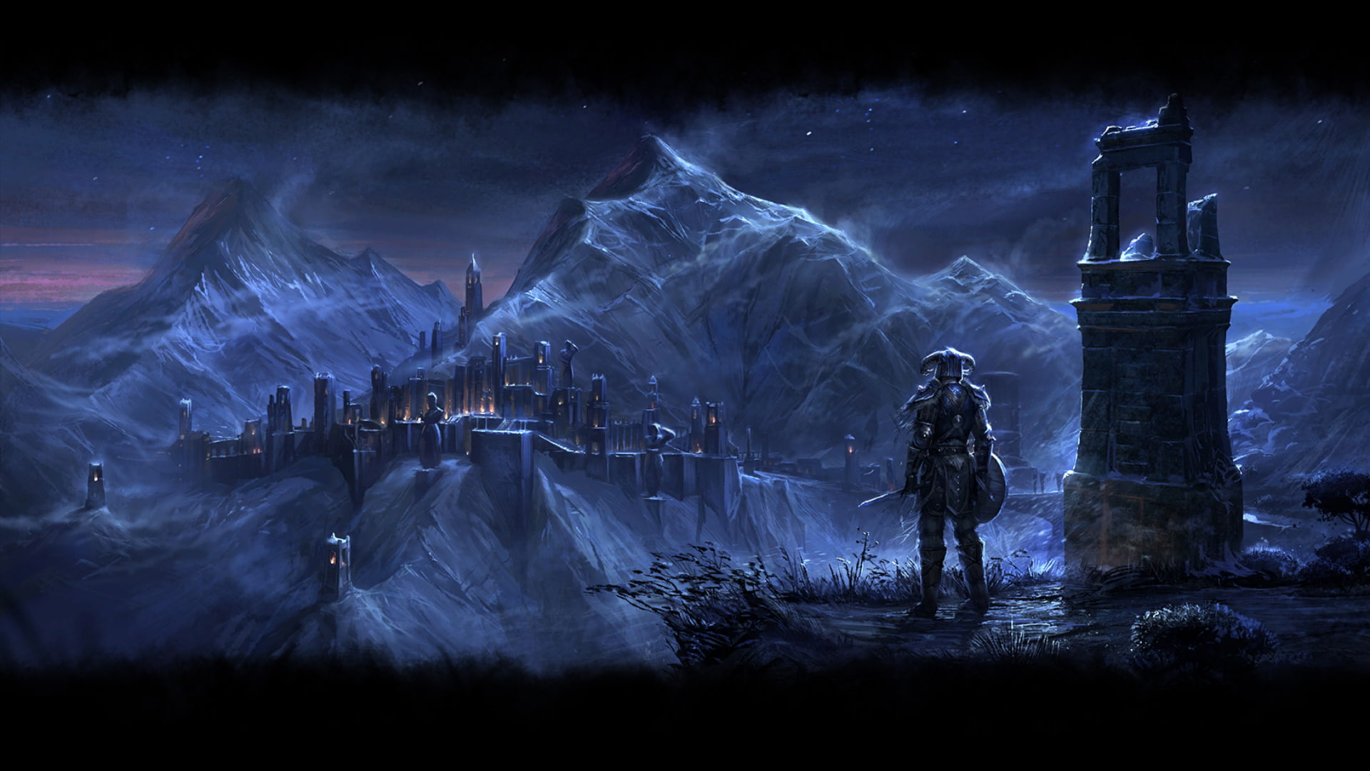 outdoors, art and craft, illuminated, architecture, winter, night, 1080P, snow, cold temperature, The Elder Scrolls Online, representation, built structure, HD Wallpaper