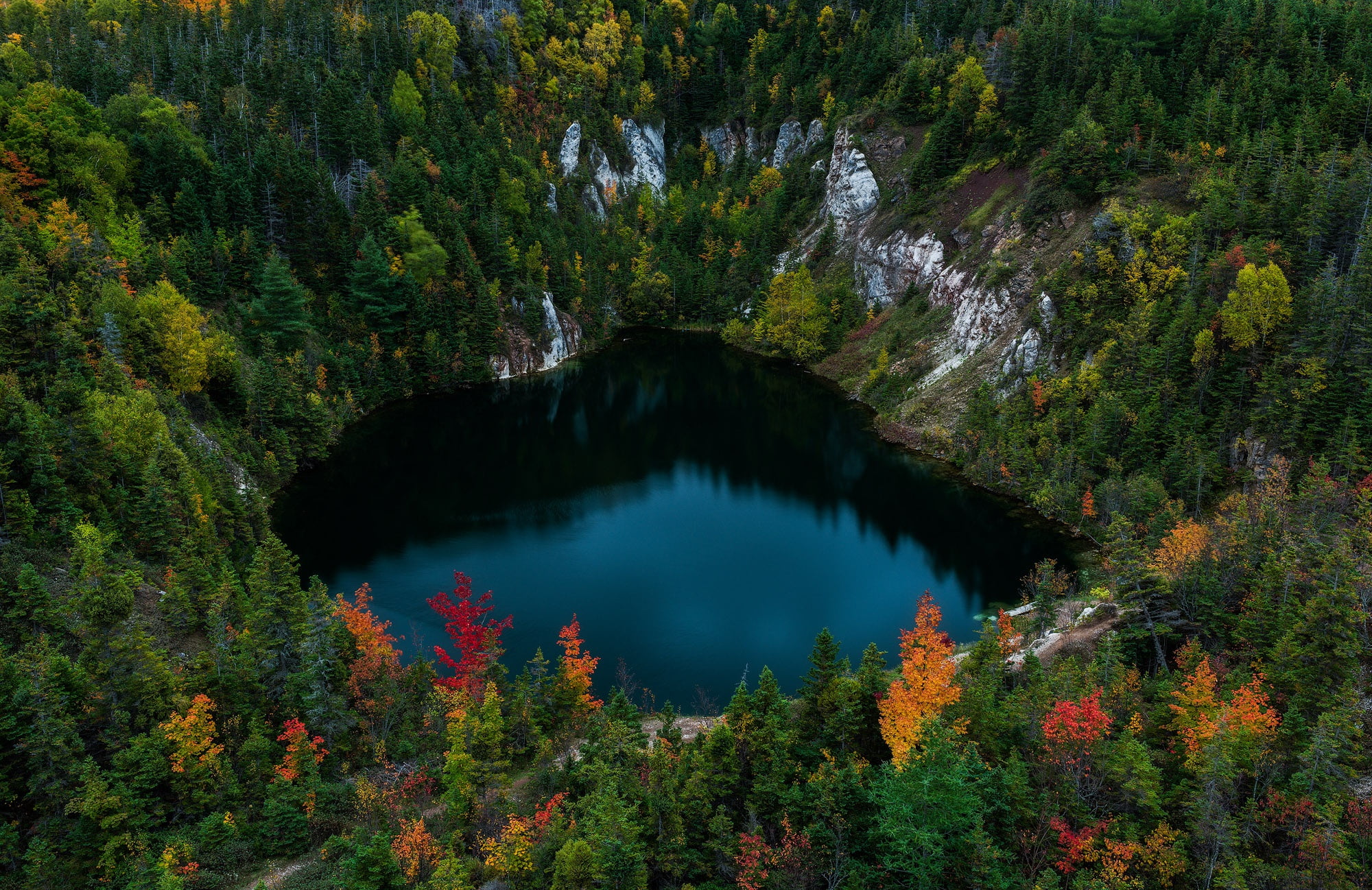 1080P, rocks, Cheticamp Gypsum Quarry, The Island Of Cape Breton, forest, Cape Breton Island, lake, Canada, autumn, Nova Scotia, HD Wallpaper