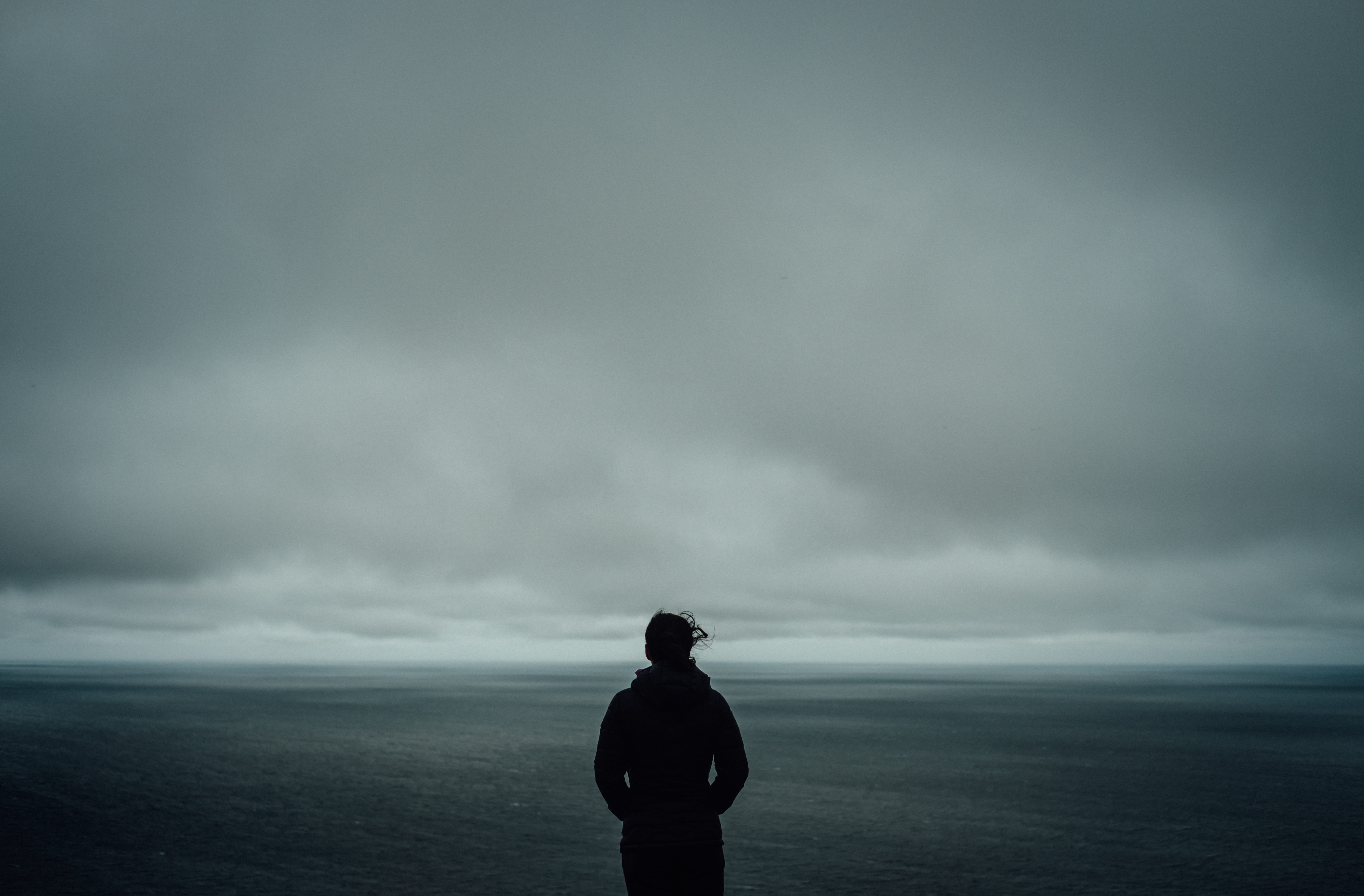 body, concepts, mystery, sky, one Person, lookout, scenics, standing, loneliness, moody, single, women, grey sea, landscape, grey sky, 5K, cloud - Sky, HD Wallpaper