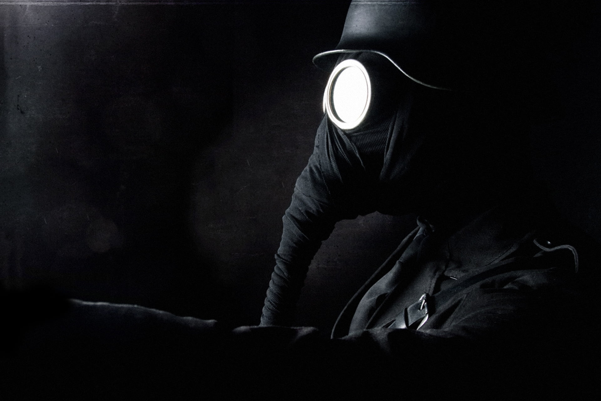 wearing, security, digital, people, mask, black, spooky, darkroom, males, adult, safety, person, protective Mask - Workwear, toxic Substance, hat, clothing, HD Wallpaper