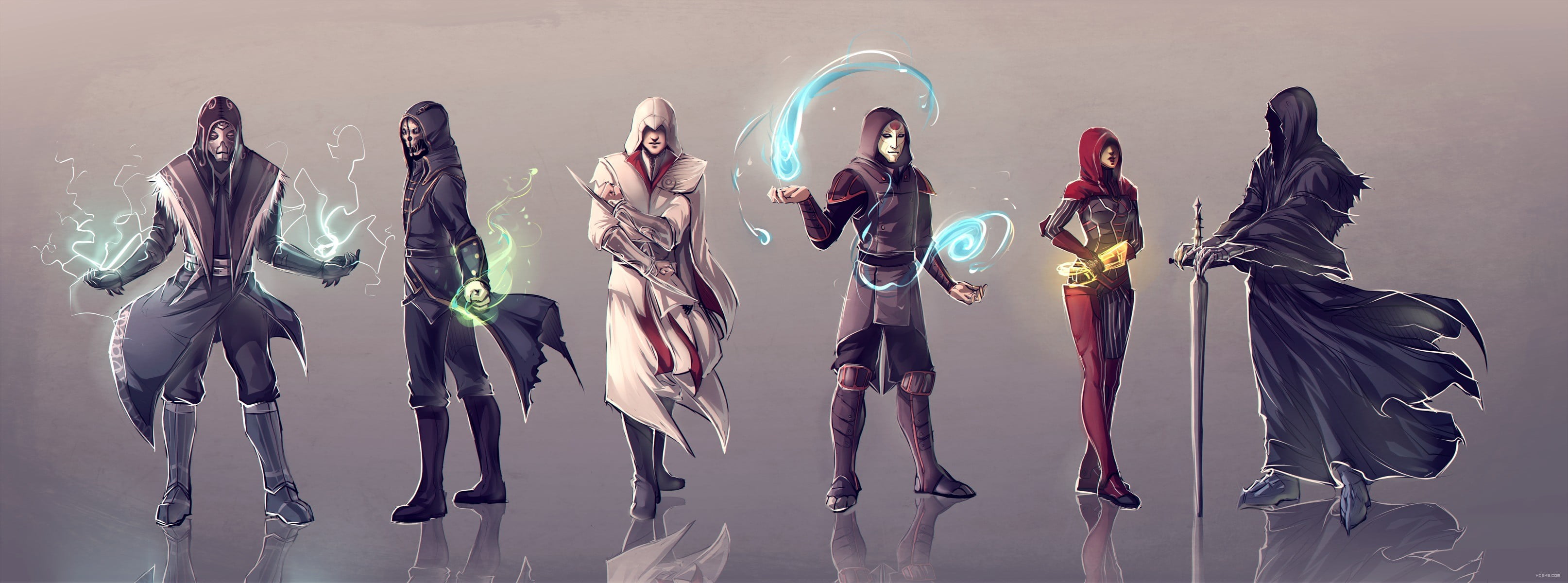 people, men, The Lord of the Rings, assassin, panoramic, 2K, young men, s, women, full length, in a row, Mass Effect, hoods, abstract, creativity, futuristic, HD Wallpaper