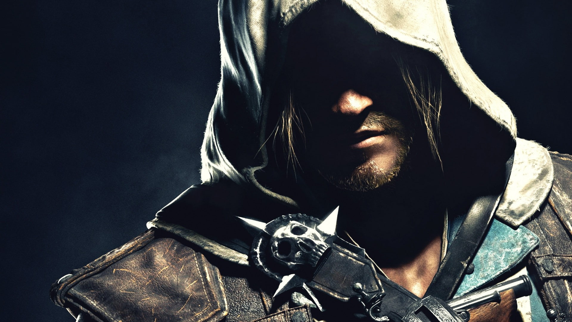 hood - clothing, men, handgun, dark, gun, headshot, adult, sign, violence, black background, portrait, Edward Kenway, government, evil, weapon, crime, 1080P, HD Wallpaper