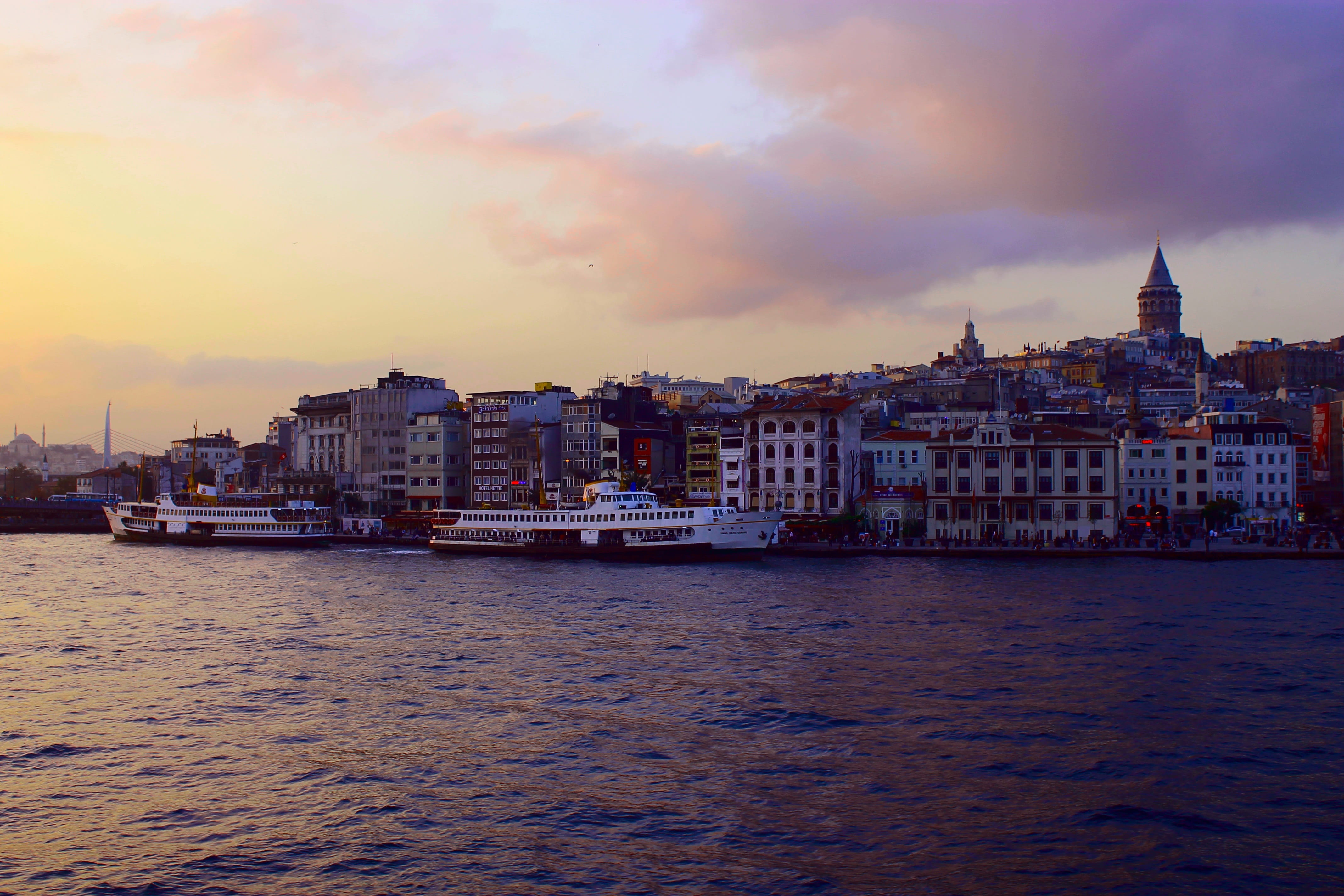 cloud - sky, sea, karaköy, beyoğlu, usic, nautical vessel, galata, built structure, turkey, eminönü, bosphorus, passenger craft, travel destinations, cityscape, HD Wallpaper