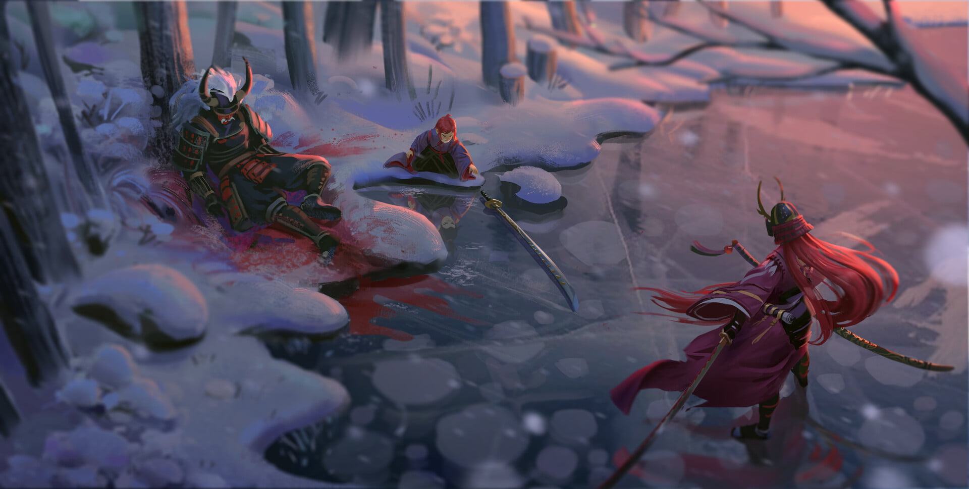 blood, snow, long hair, 1080P, helmet, armor, wind, ice, battle, katana, sword, horns, warrior, weapon, drawing, HD Wallpaper