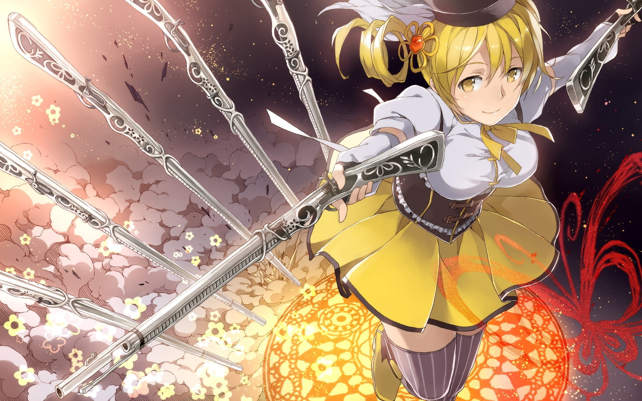 tomoe, art, tights, madoka, blondes, hd, magica, thigh, Flowers, 1080P, eyes, weapons, mami, mahou, Guns, nature, highs, thigh highs, yellow, shoujo, HD Wallpaper