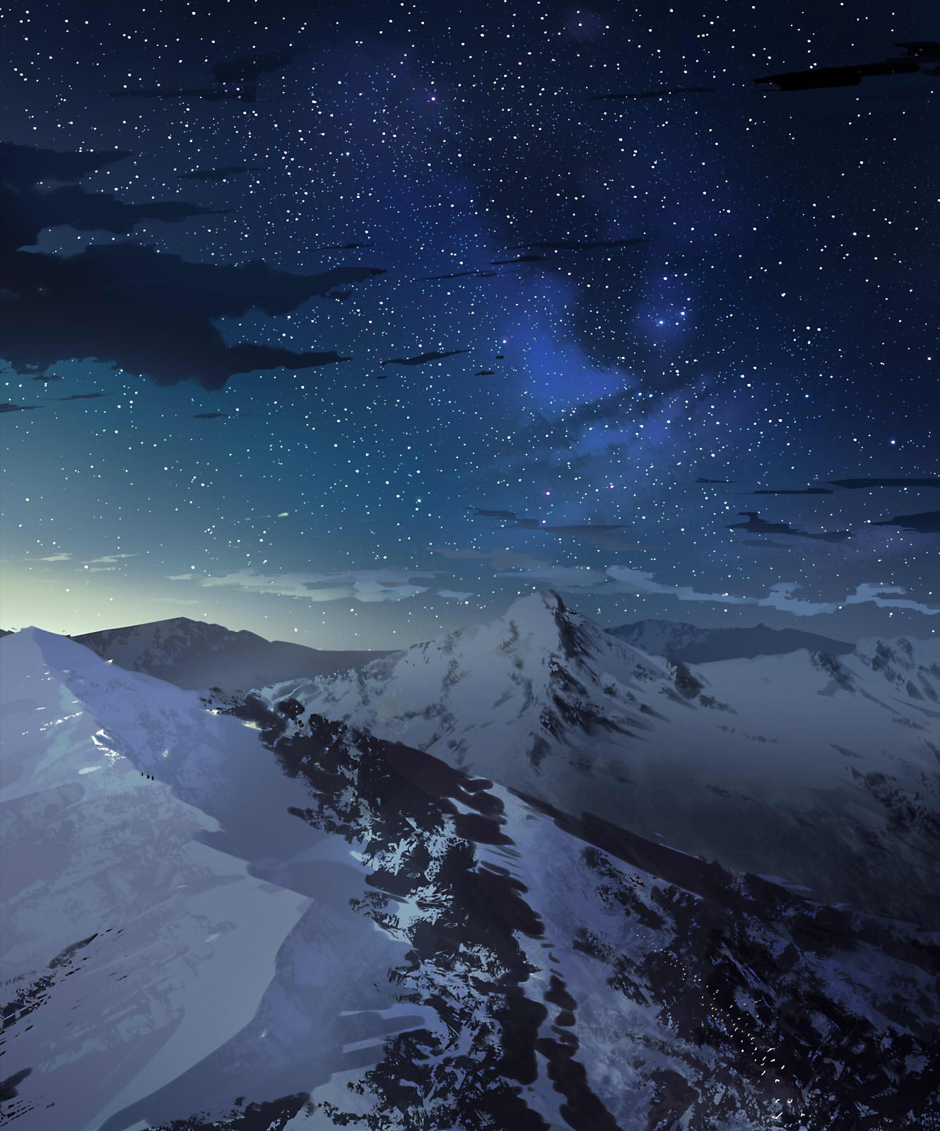 stars, space, drawing, galaxy, nature, scenics - nature, mountain peak, 720P, glacier, mountains, tranquil scene, snowcapped mountain, beauty in nature, Phone HD Wallpaper