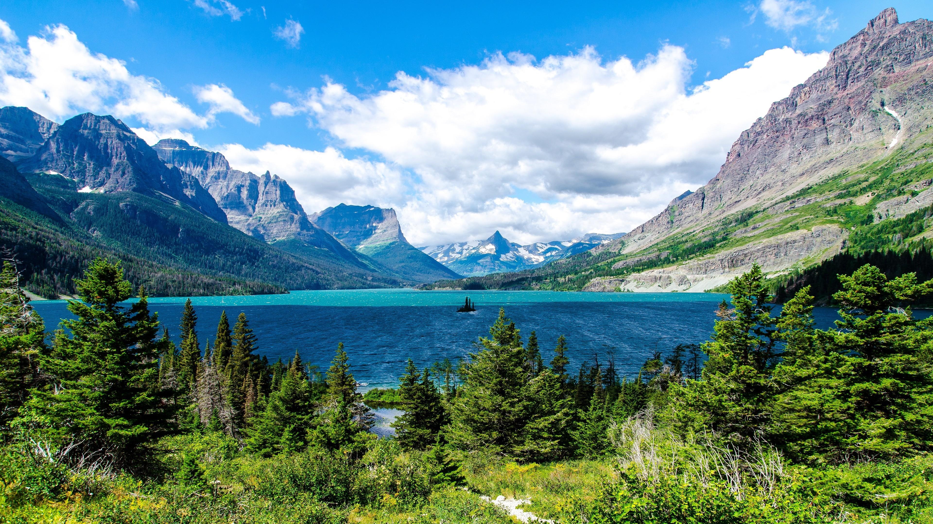 mary, glacier, mountain, sun, saint, national park, lake, 4K, HD Wallpaper