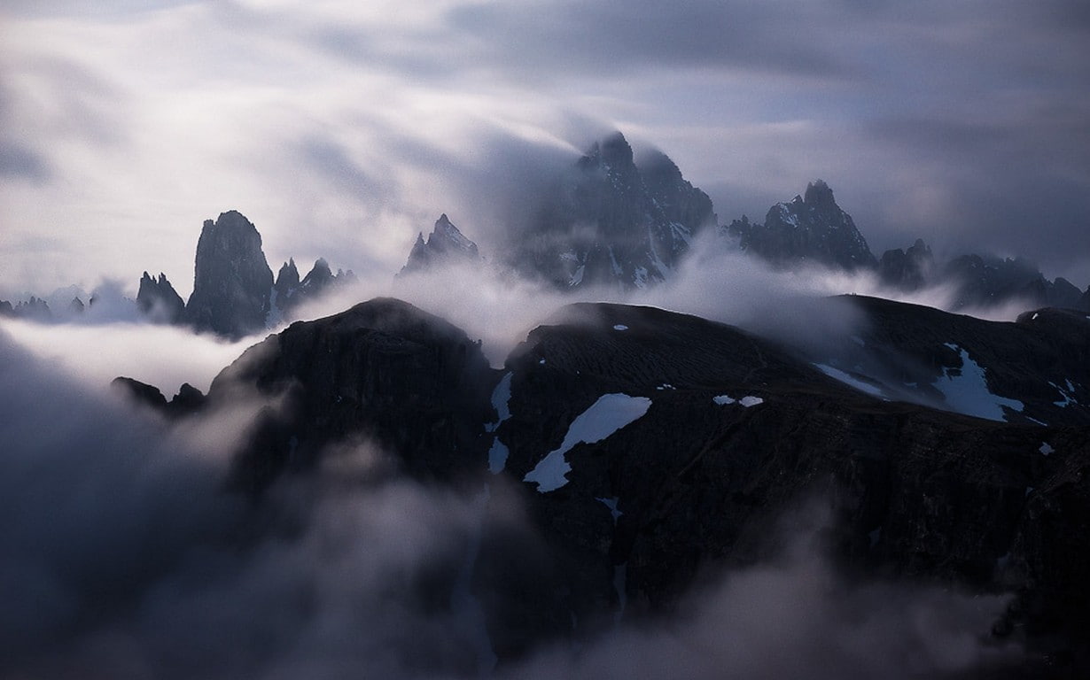 snowy peak, rock - object, no people, beauty in nature, mountain, sky, Alps, nature, landscape, cloud - sky, solid, clouds, mountains, 480P, outdoors, HD Wallpaper