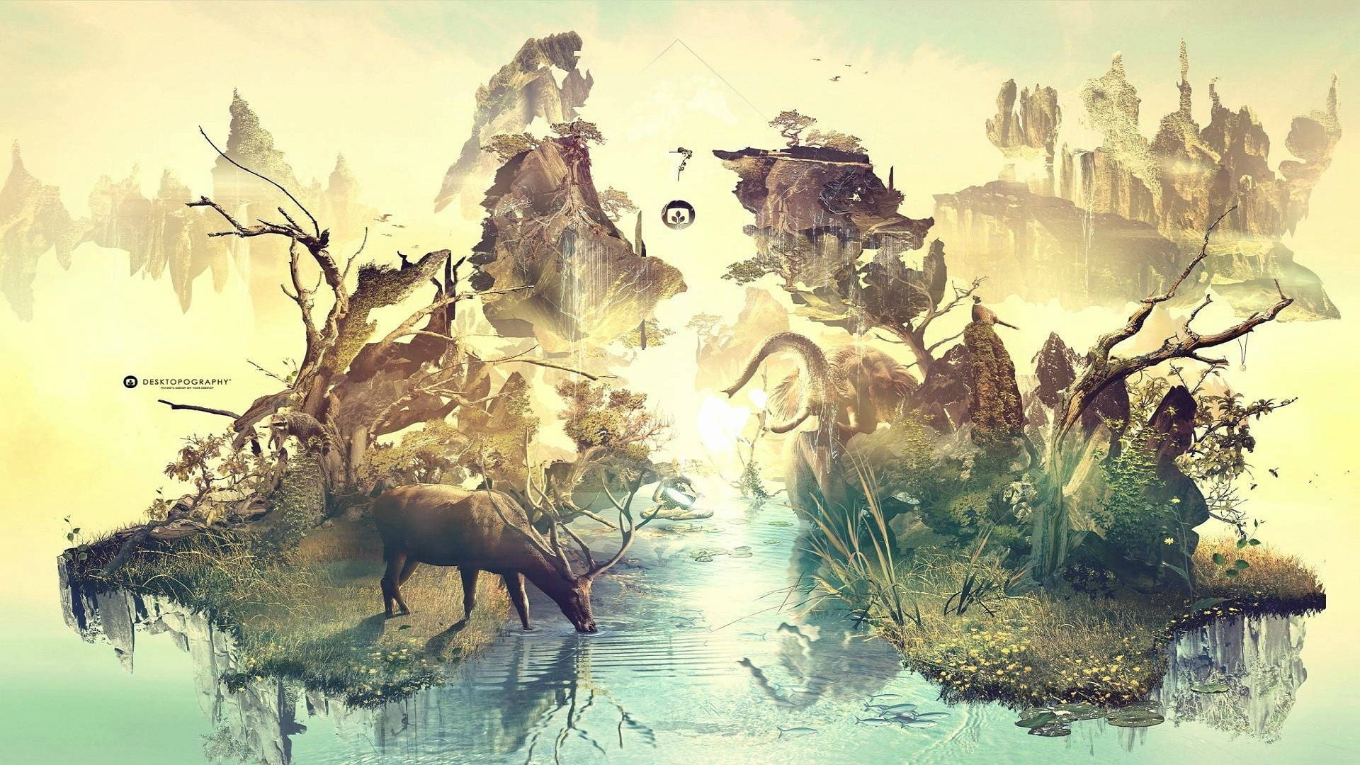 day, animal wildlife, group of animals, waterfront, outdoors, lake, yoga, tree, nature, digital art, animal, plant, 1080P, water, elephant, animals, Desktopography, HD Wallpaper