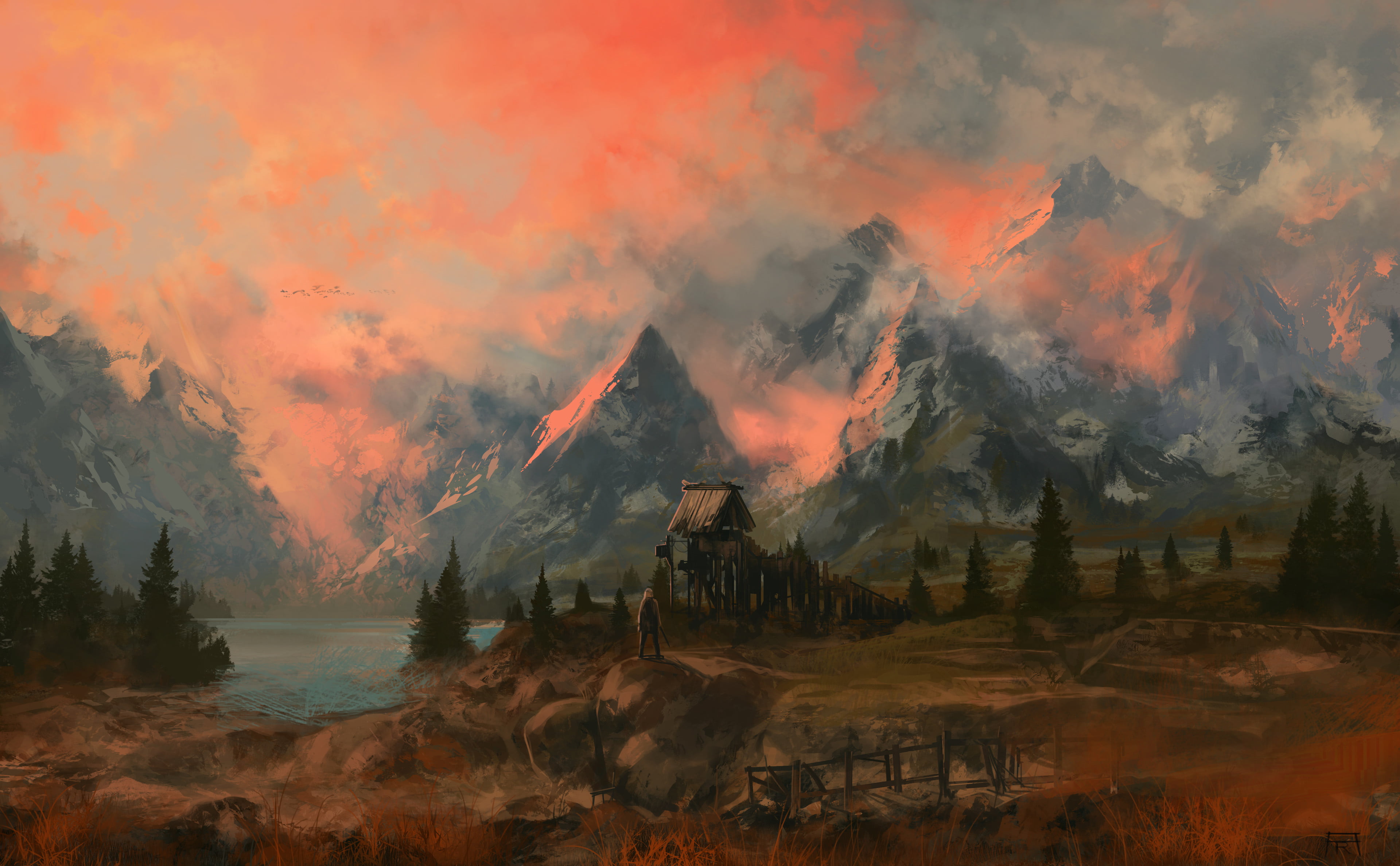 Whiterun, sunset, White Mountains, video games, Amanieu Rebu, 4K, video game art, landscape, digital art, mountains, The Elder Scrolls V: Skyrim, digital painting, HD Wallpaper