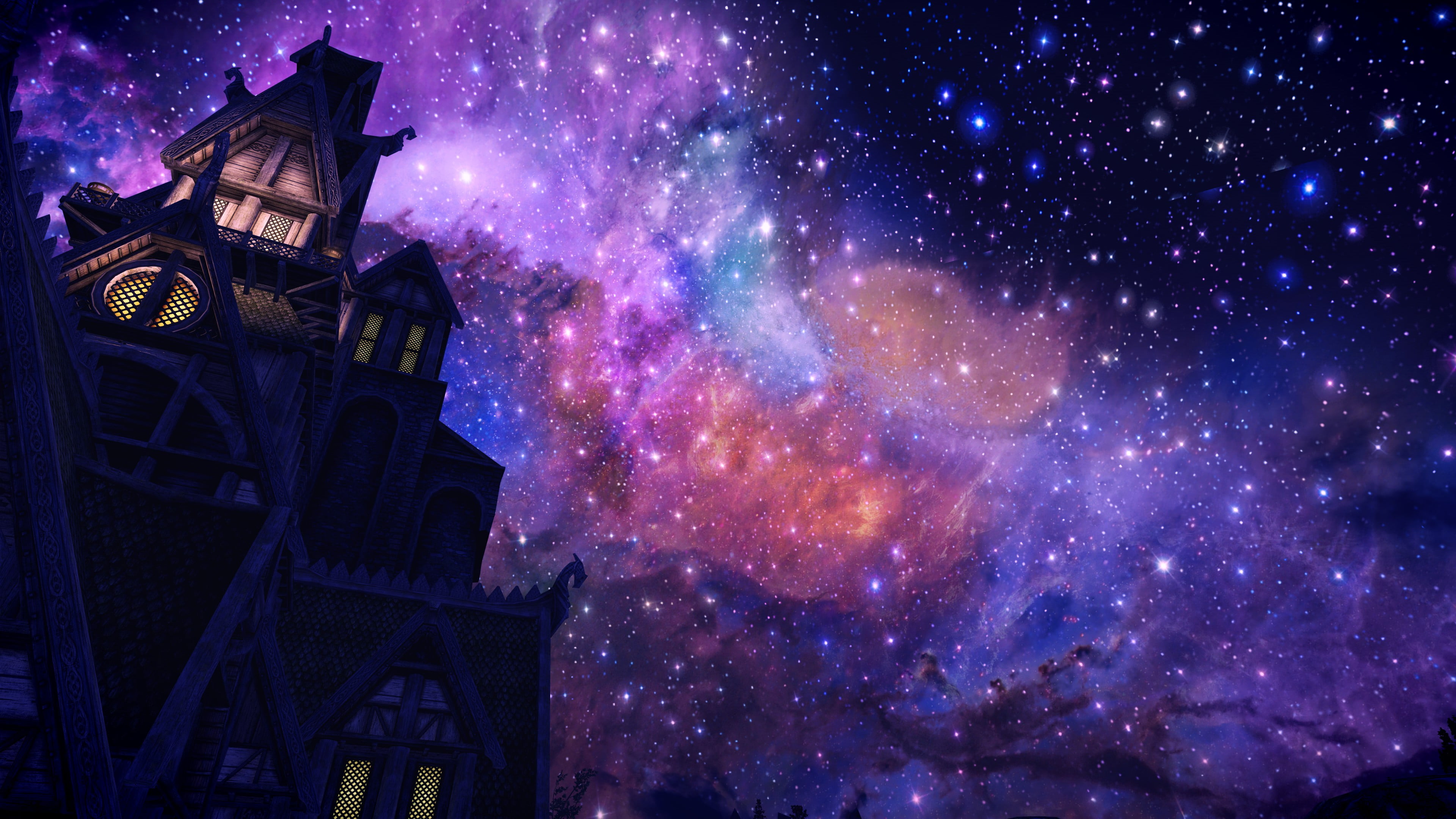 4K, sky, stars, blue, Skyrim Remastered, galaxy, Whiterun, purple, landscape, HD Wallpaper