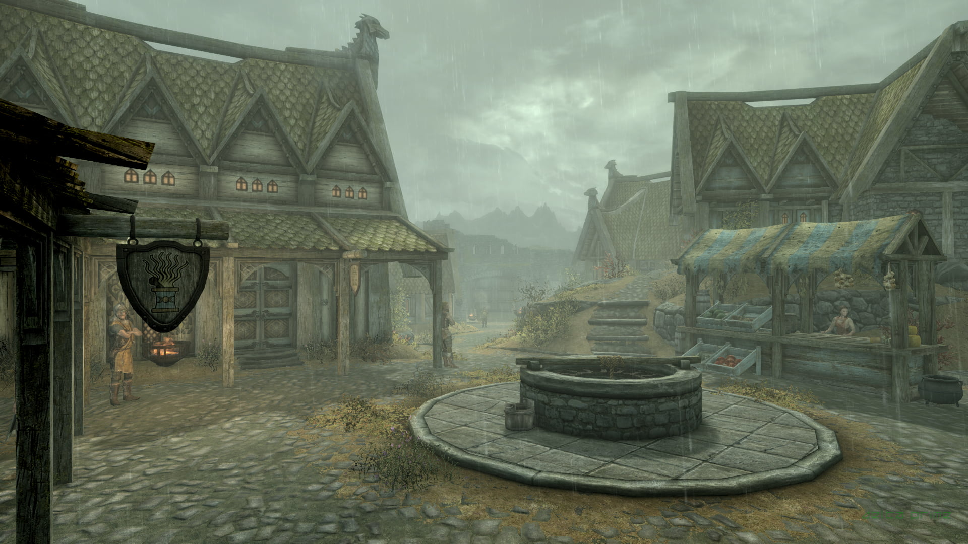 overcast, The Elder Scrolls V: Skyrim, Whiterun, 1080P, screen shot, PC gaming, Market, Skyrim Remastered, In-Game Photography, rain, HD Wallpaper