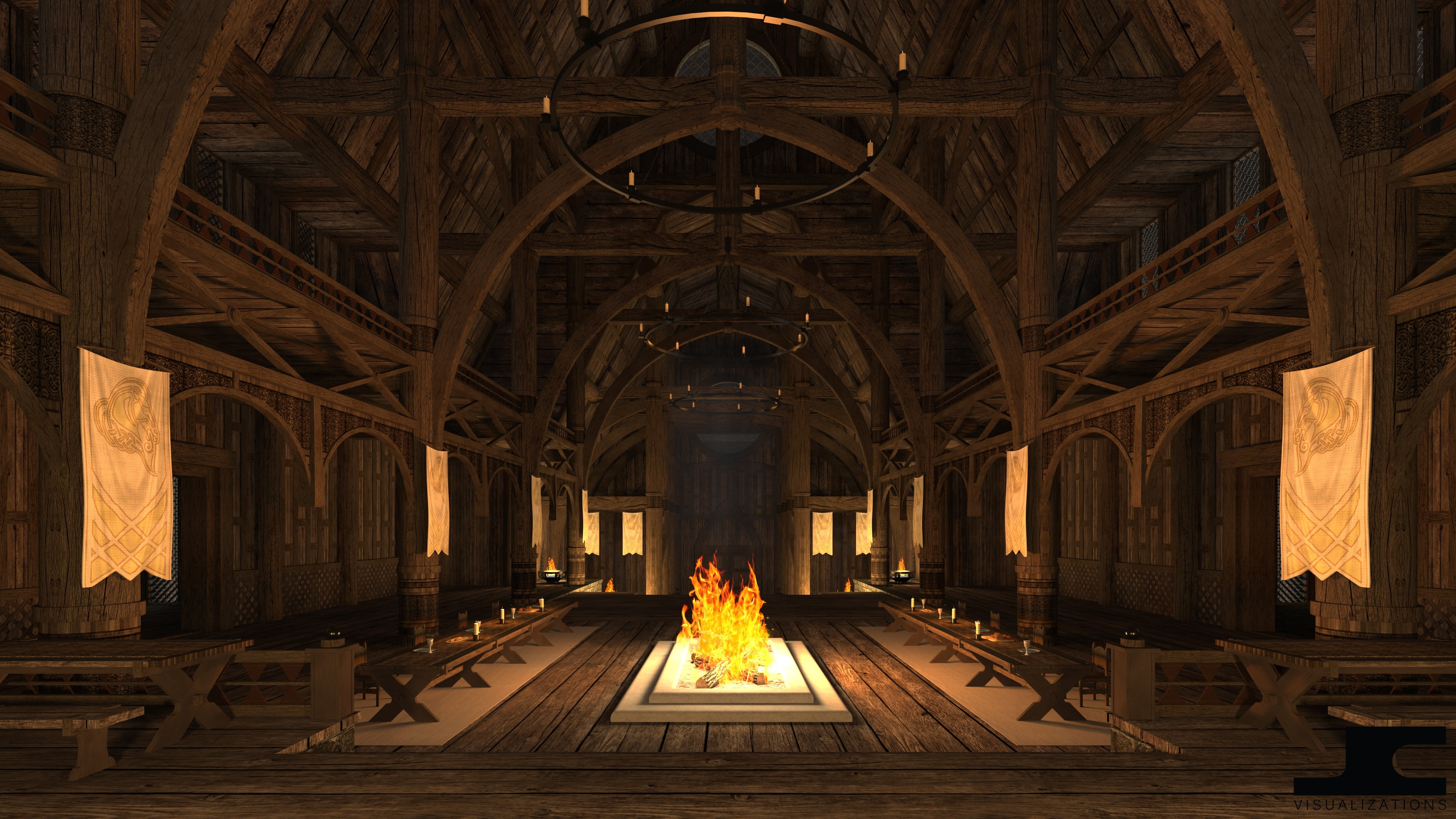 Dragonsreach, JC Visualizations, interior, The Elder Scrolls V: Skyrim, CGI, render, 4K, HD Wallpaper