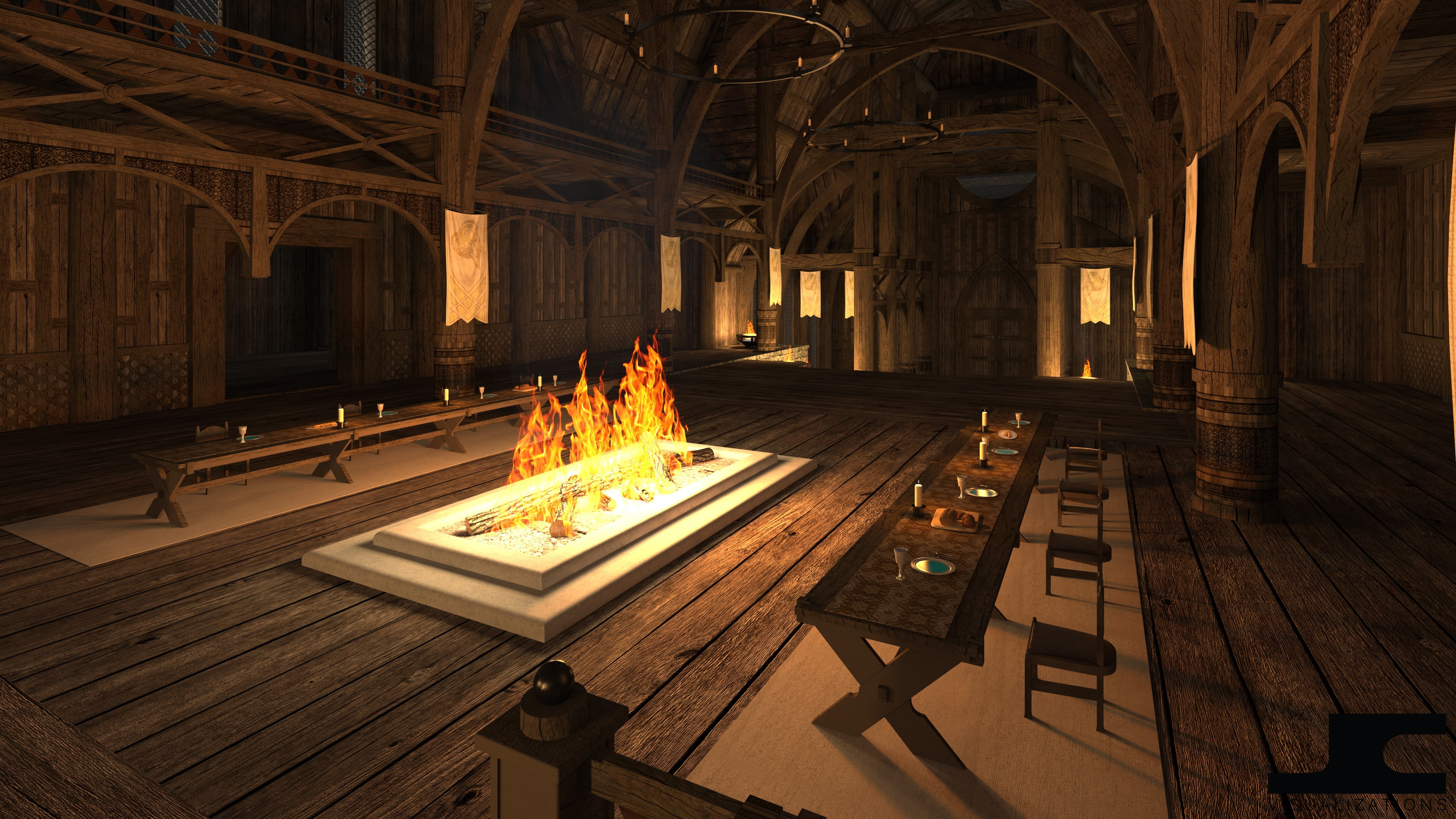 belief, spirituality, built structure, JC Visualizations, 4K, table, place of worship, indoors, history, architecture, chairs, nature, The Elder Scrolls V: Skyrim, HD Wallpaper