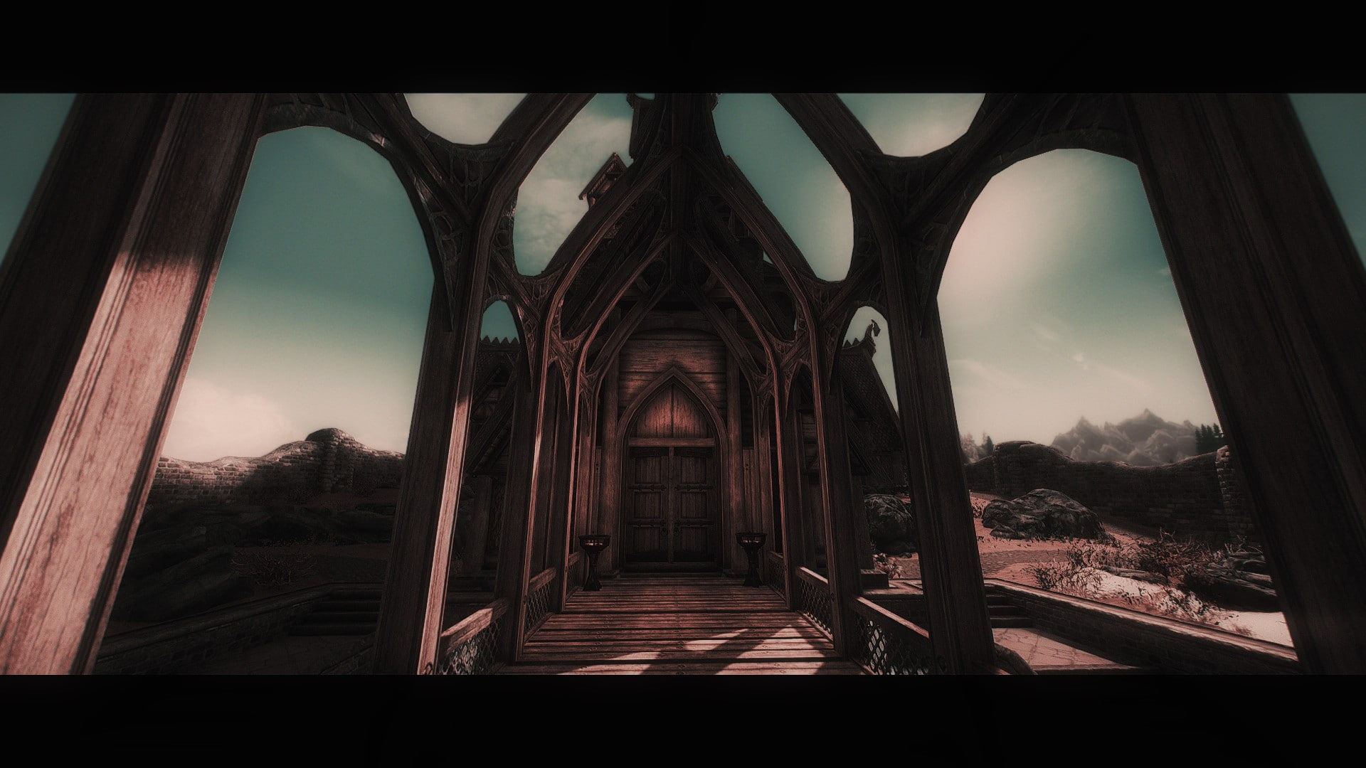 transfer print, no people, history, nature, architecture, sky, building, 1080P, video games, day, cloud - sky, built structure, indoors, The Elder Scrolls V: Skyrim, HD Wallpaper