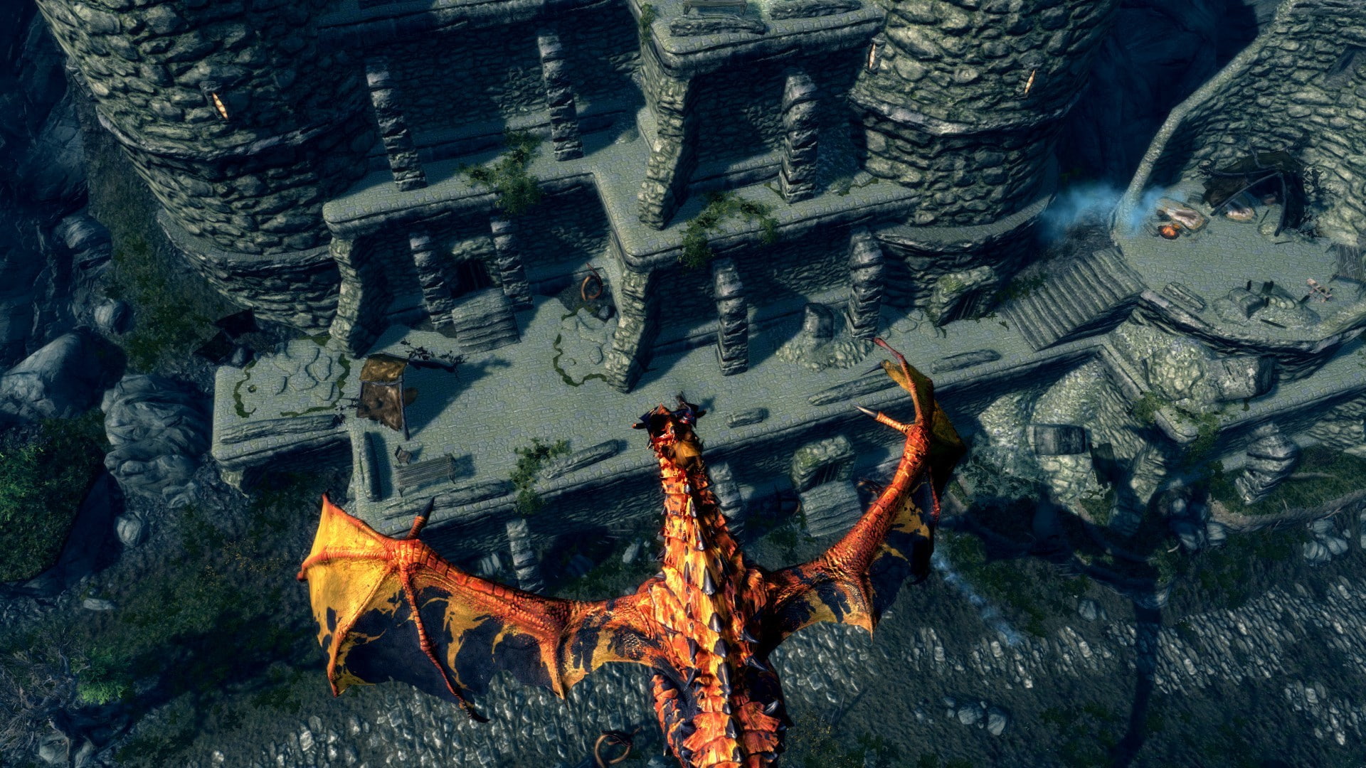 1080P, night, dragonborn, close-up, wall - building feature, fire - natural phenomenon, The Elder Scrolls V: Skyrim, bonfire, log, glowing, Bethesda Softworks, HD Wallpaper