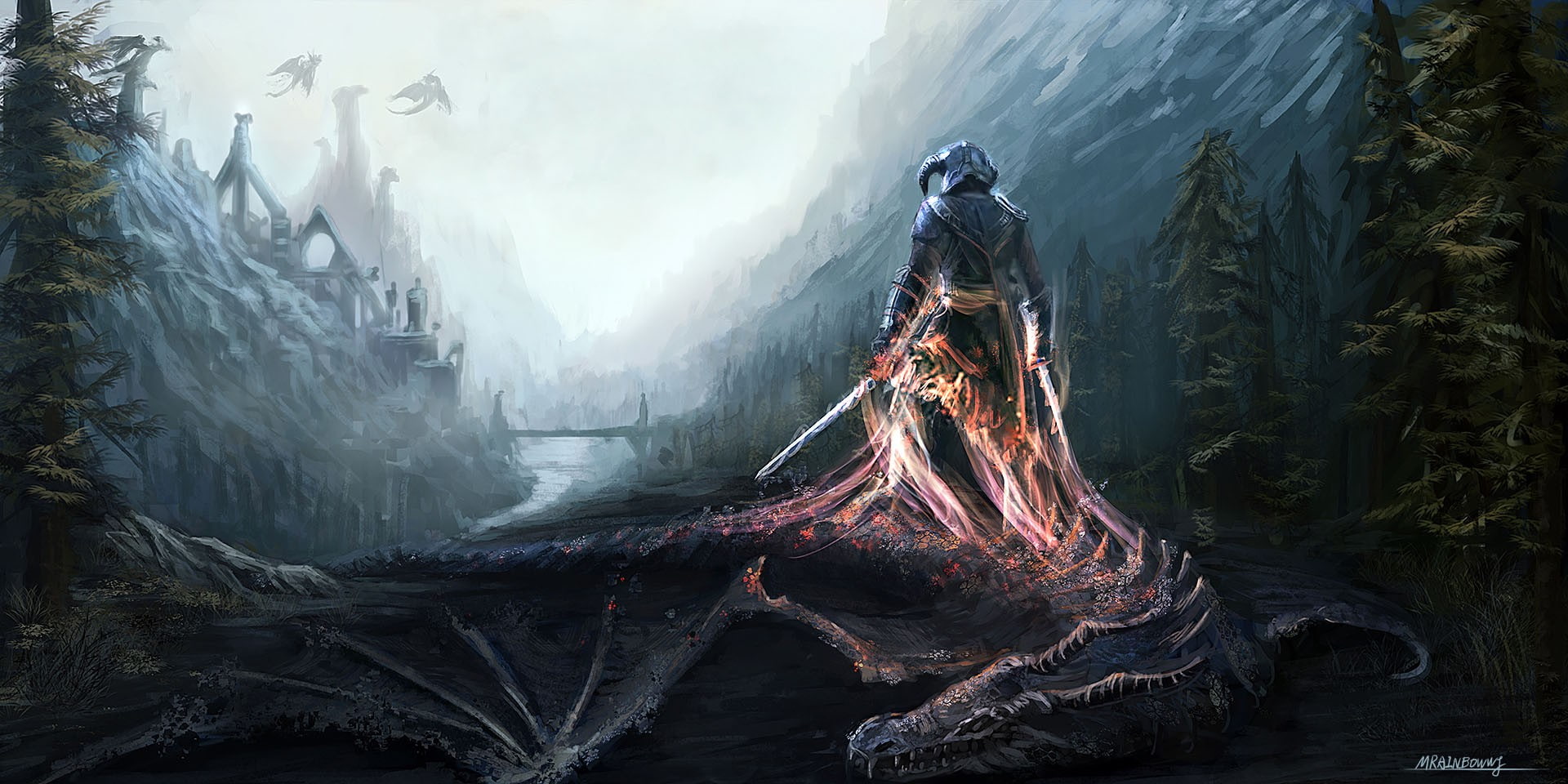 1080P, The Elder Scrolls V: Skyrim, video games, dovahkiin, fan art, artwork, fantasy art, warrior, dragon, HD Wallpaper