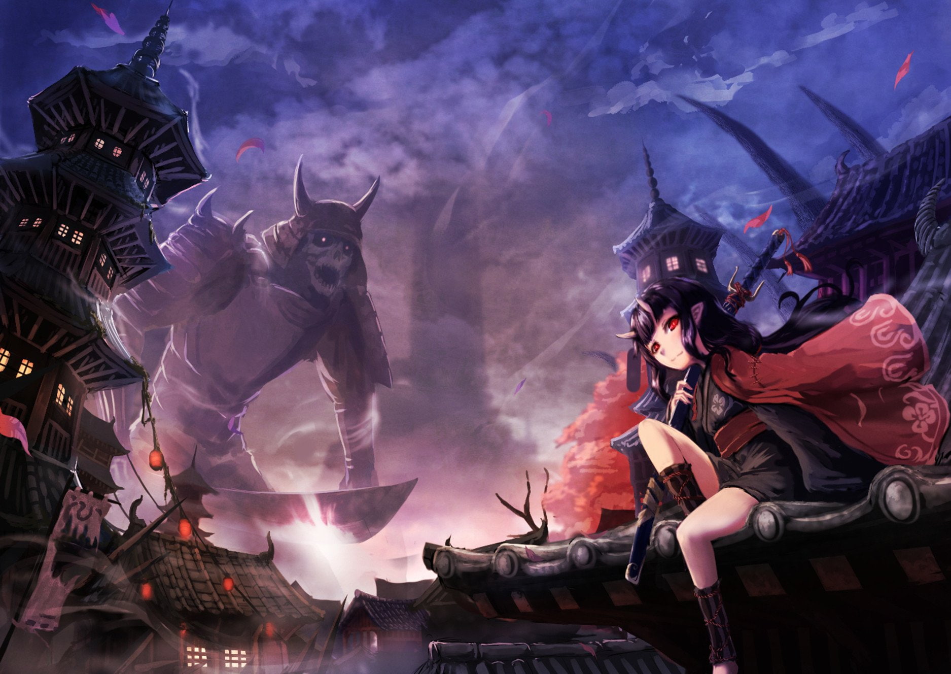 Katana, 720P, Cape, Skeleton, Original, Samurai, Red Eyes, Anime, HD Wallpaper