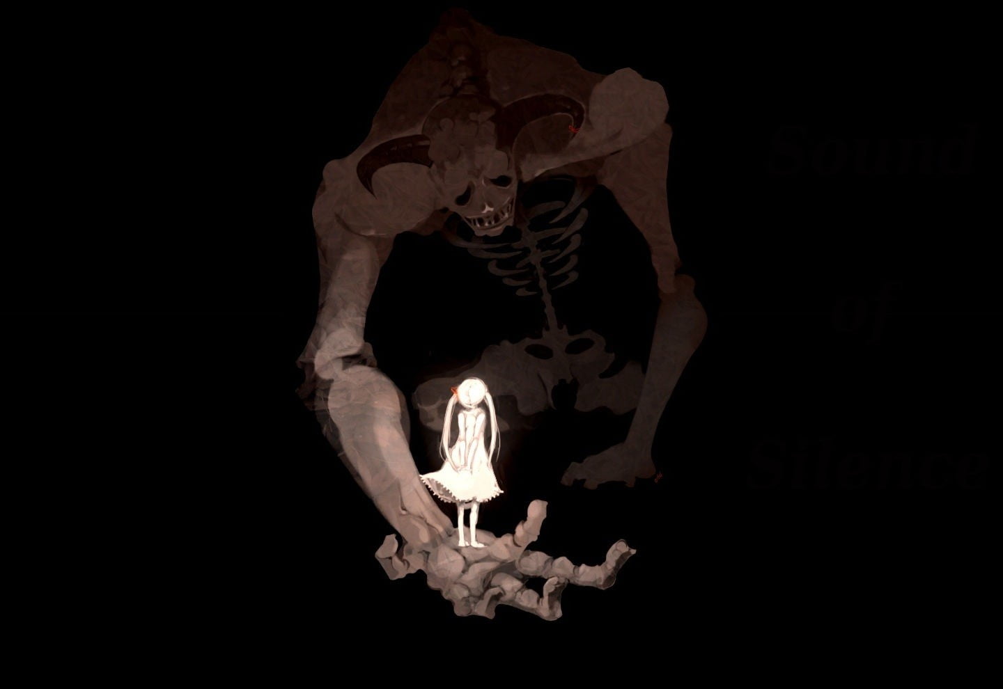 smiling, hand, illuminated, skeleton, human limb, female, creature, 720P, artwork, fantasy girl, indoors, studio shot, fantasy art, black background, anime, HD Wallpaper
