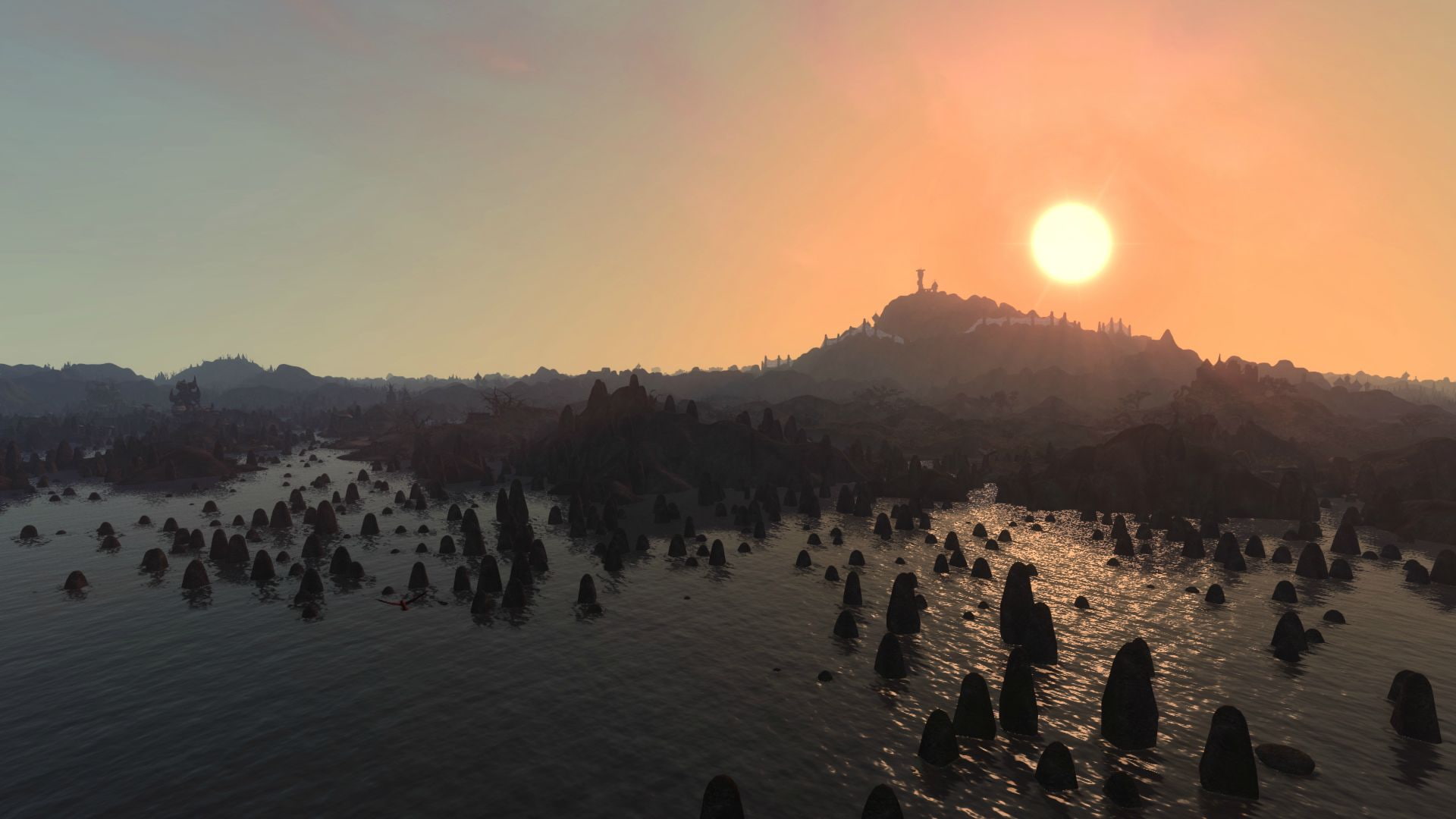 1080P, video games, elder, scrolls, morrowind, photo, skyrim, hd, silhouette, sea, landscape, mountain, HD Wallpaper