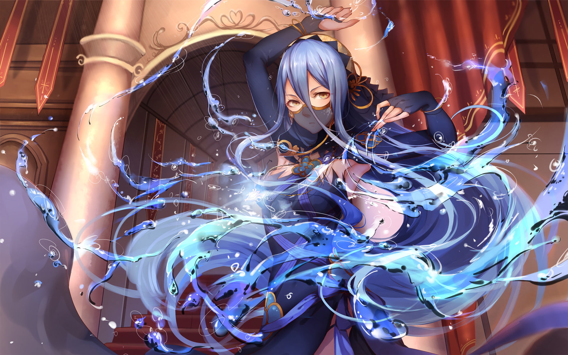Water, 1080P, Aqua (Fire Emblem), Azura (Fire Emblem), Long Hair, Blue Hair, Magic, Fire Emblem, Yellow Eyes, Girl, HD Wallpaper