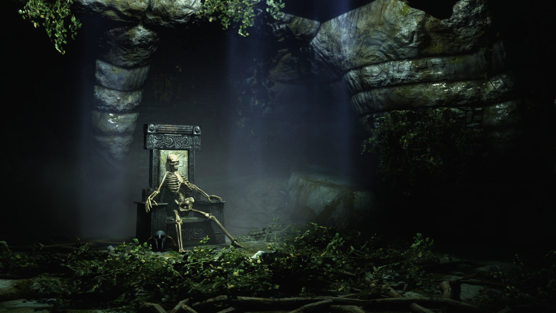 sitting, video games, cave, 1080P, plants, landscape, branch, The Elder Scrolls V: Skyrim, render, rock, sunlight, bones, cgi, digital art, ENB, throne, HD Wallpaper