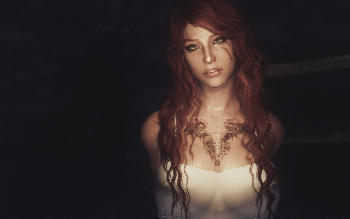 one person, hairstyle, redhead, ENB, indoors, black background, The Elder Scrolls V: Skyrim, young adult, adult, looking at camera, young women, hair, contemplation, HD Wallpaper