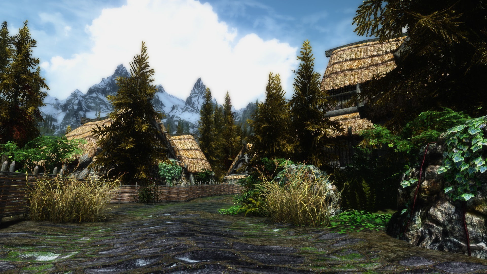 ENB, tree, 1080P, day, plant, rock - object, sky, direction, architecture, the way forward, no people, The Elder Scrolls V: Skyrim, rock, solid, tranquility, HD Wallpaper