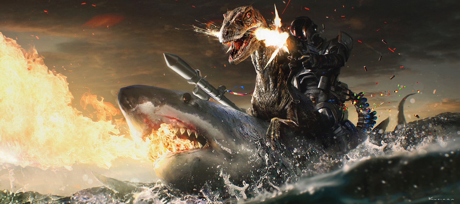 gun, shark, bullet, raptor, sea, animals, photo manipulation, weapon, cyborg, cyberpunk, water, 1080P, fire, robot, dinosaurs, humor, HD Wallpaper