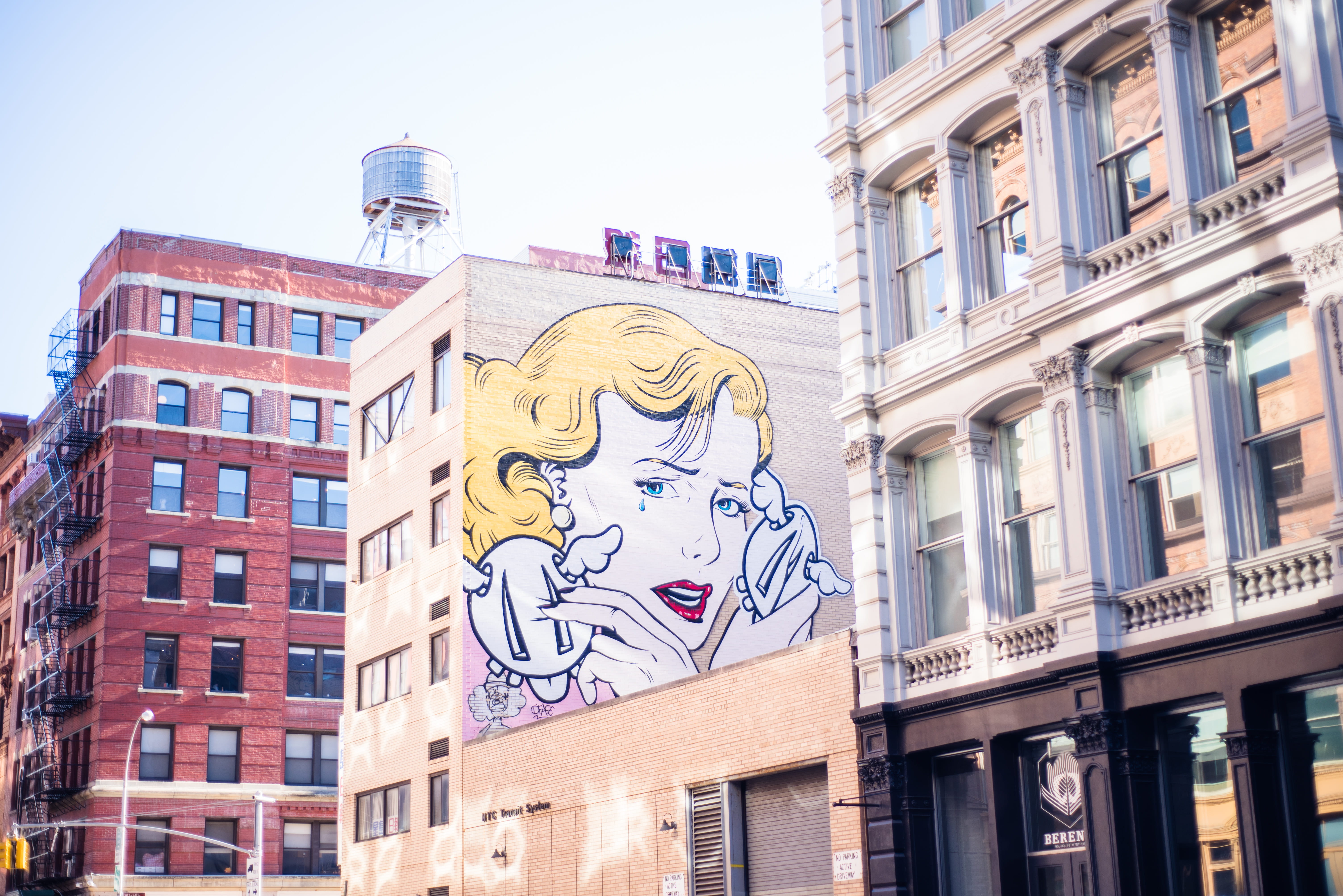 city life, urban, woman, representation, crying girl, fire escape, day, art and craft, crying, brown, built structure, mural, water tower, human representation, HD Wallpaper