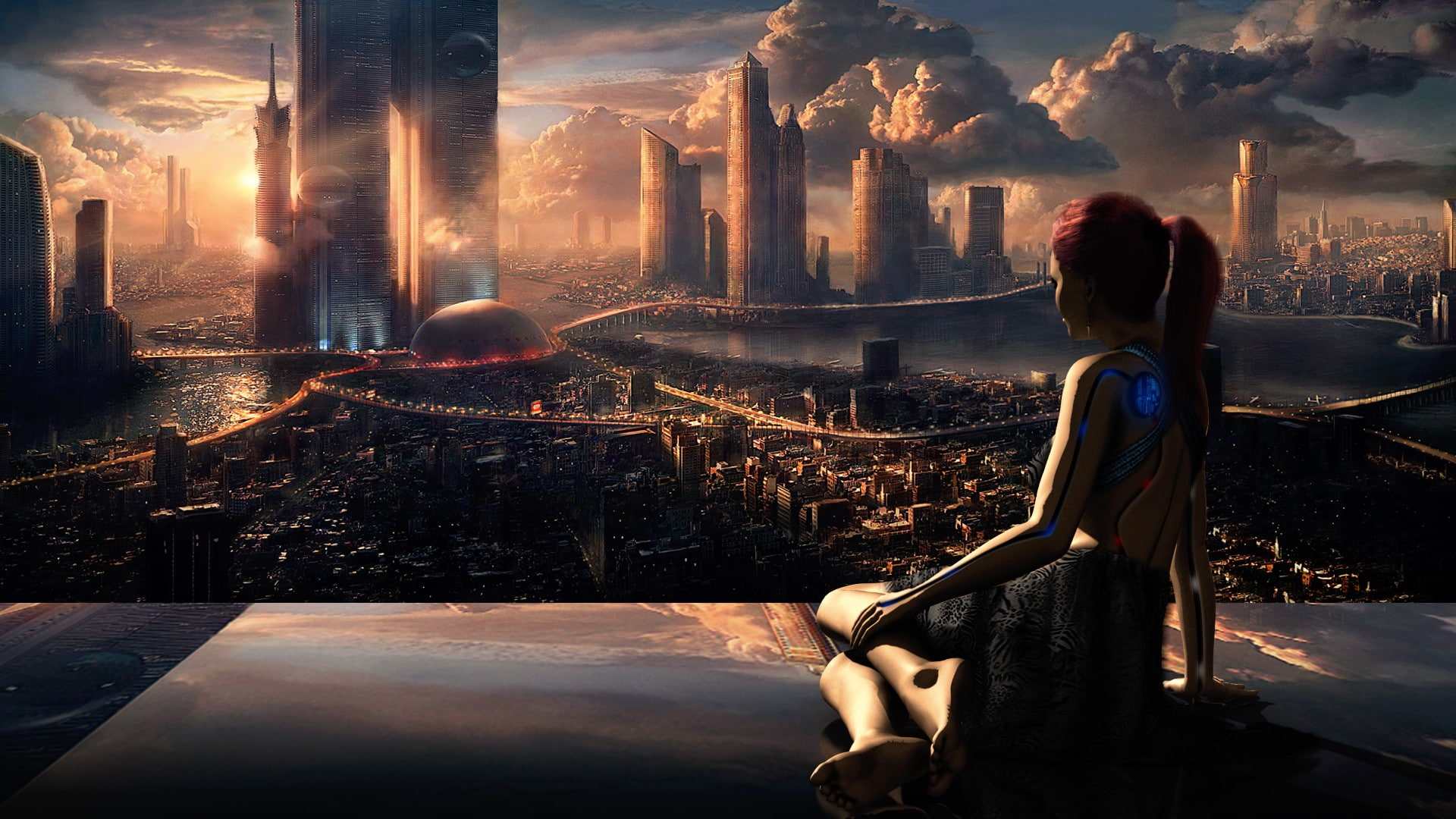 robot, digital art, 1080P, science fiction, futuristic, city, artwork, androids, HD Wallpaper