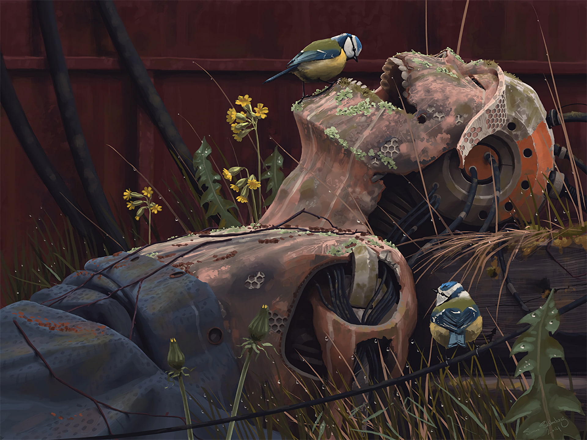 birds, grass, digital art, flowers, artwork, 1080P, titmouse, robot, metal, cyberpunk, rust, science fiction, Simon Stålenhag, androids, HD Wallpaper