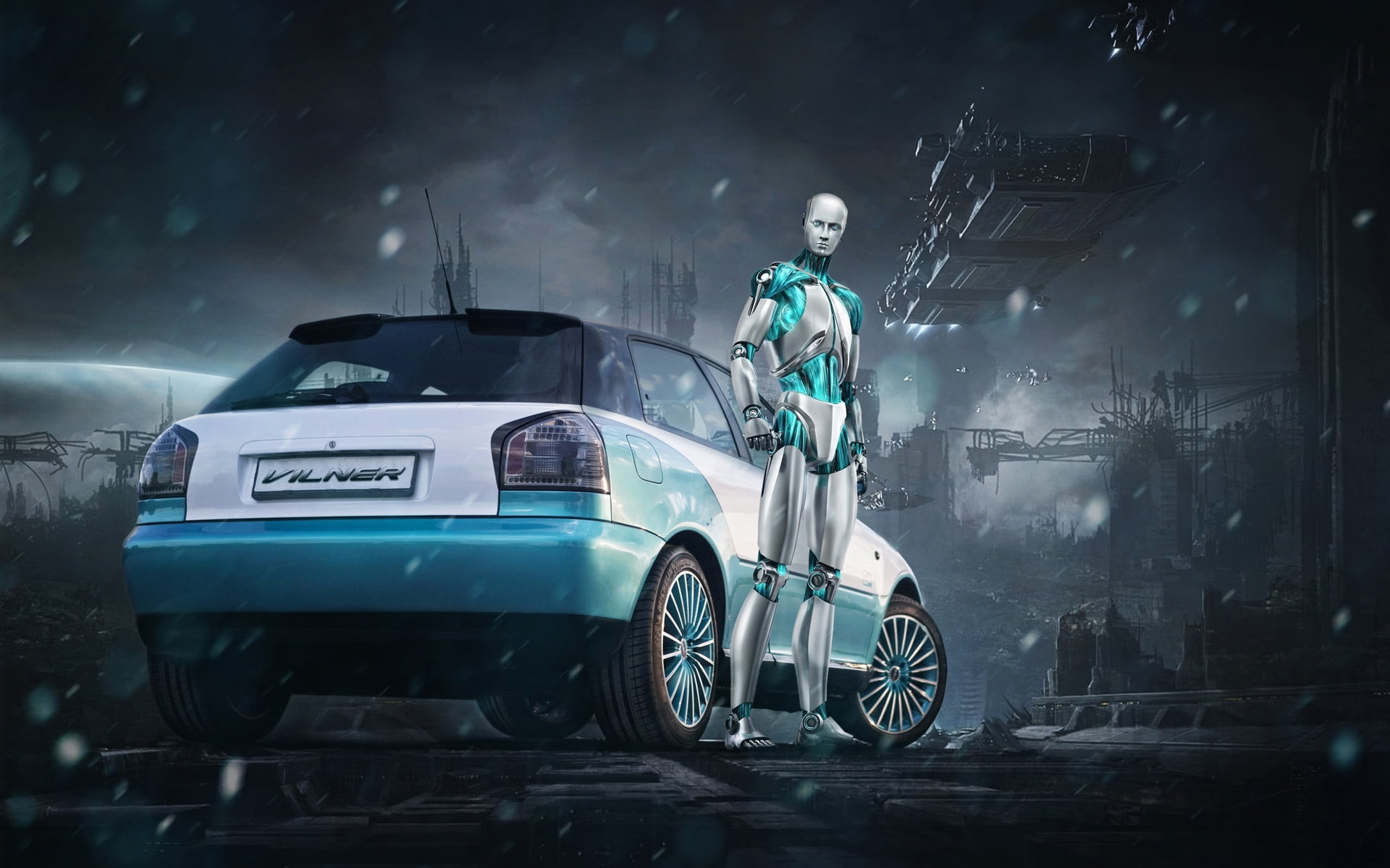 1080P, hatchback, illustration, blue, one person, door, land vehicle, real people, white, adult, standing, drives, robot, car, protection, occupation, HD Wallpaper