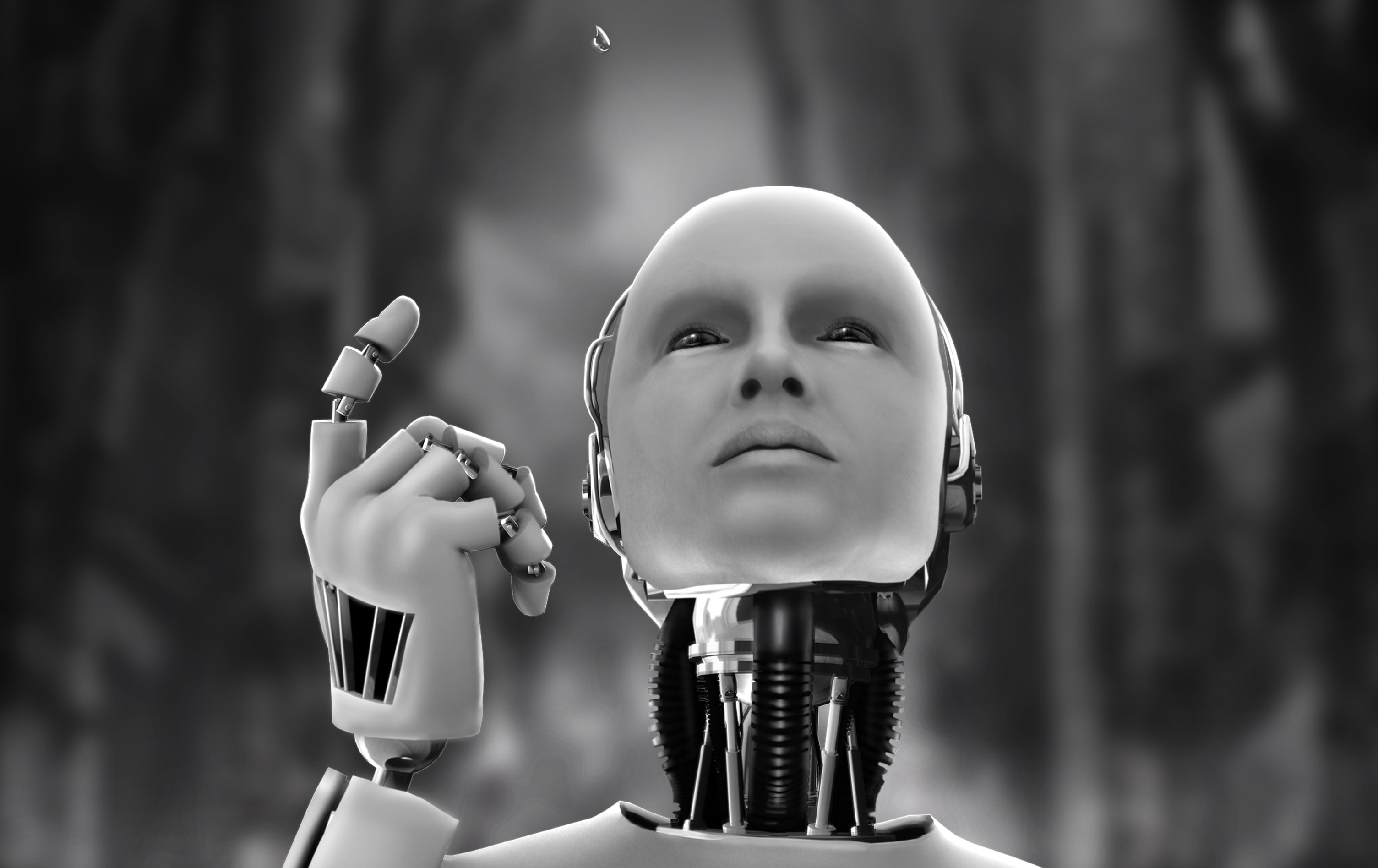 white, greysc, machines, science, water, 2K, hd, Robot, fiction, monochrome, robots, art, technology, android, drops, HD Wallpaper