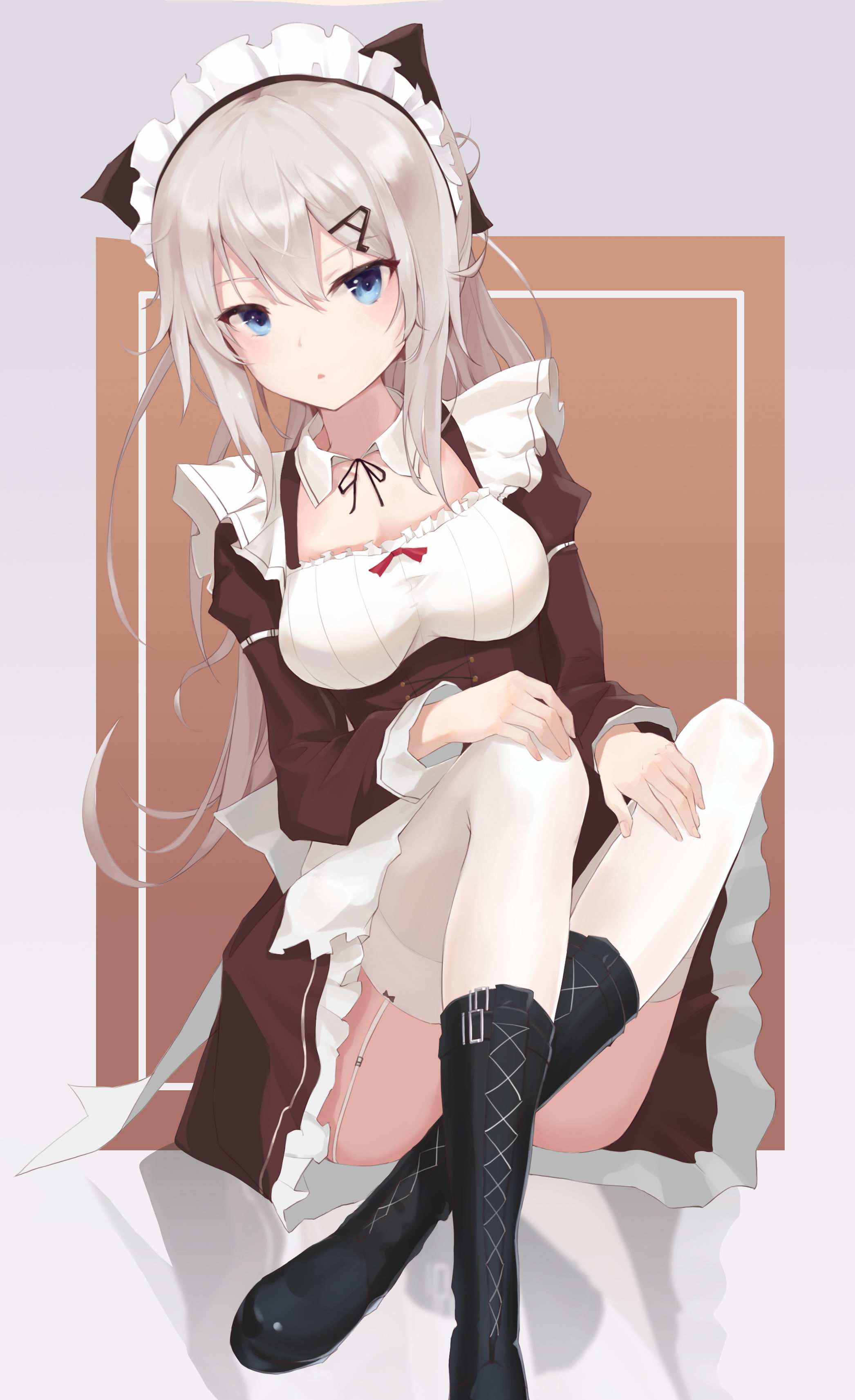 maid, thigh-highs, 9A-91 (Girls Frontline), cleavage, silver hair, white background, blonde, headdress, heels, stockings, lifting skirt, maid outfit, 2K, Phone HD Wallpaper