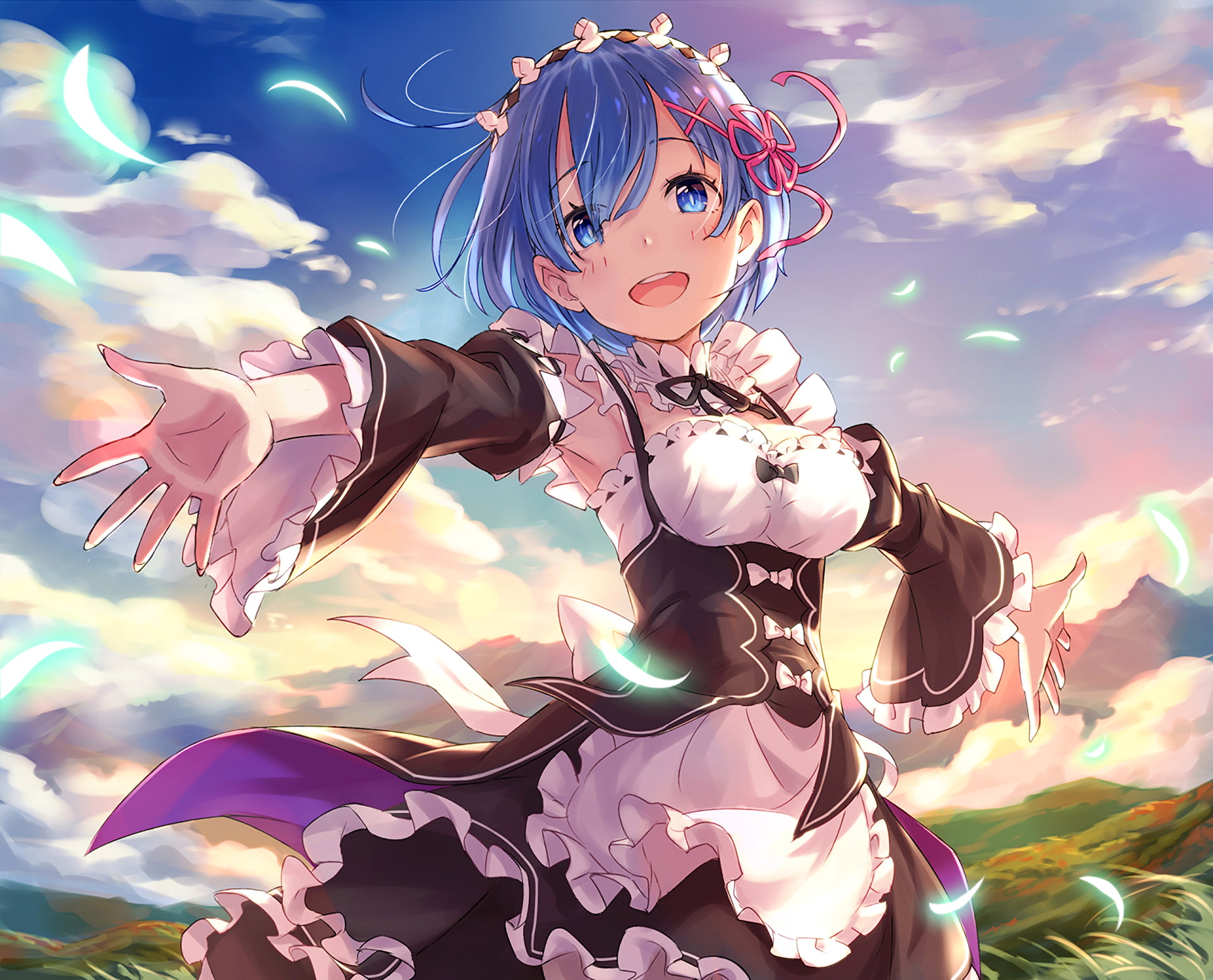 creativity, maid, maid outfit, anime girls, young women, representation, nature, beautiful people, 1080P, one person, clouds, landscape, Rem (Re: Zero), HD Wallpaper