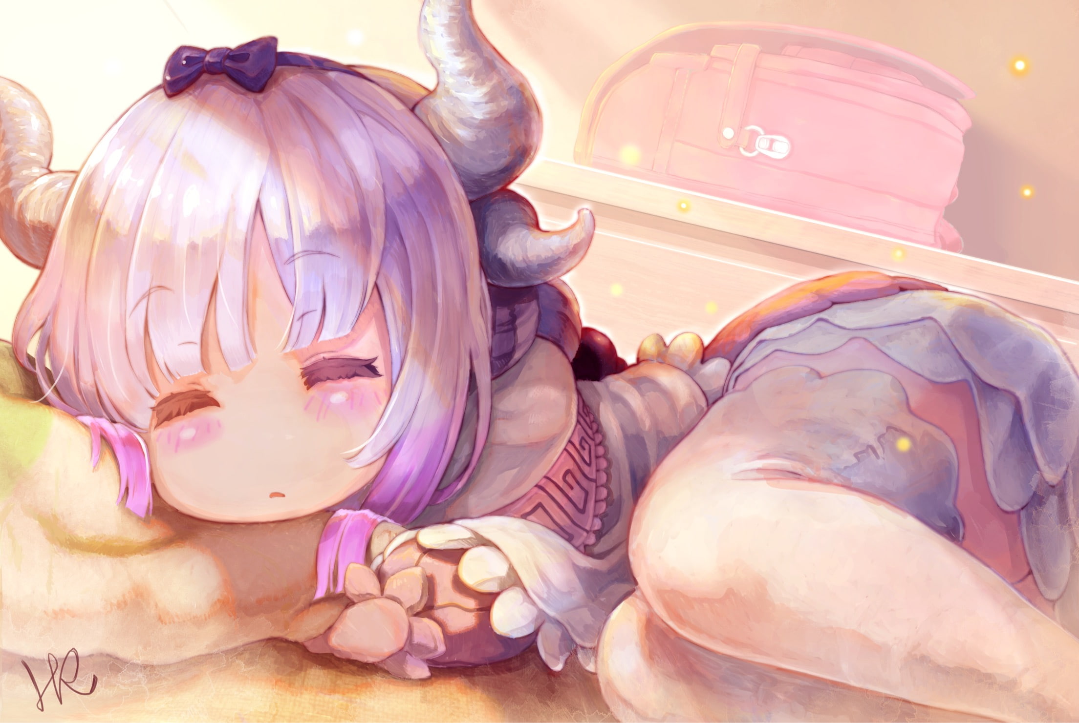 horns, Kobayashi-san Chi no Maid Dragon, anime girls, 1080P, blushing, loli, sleeping, Kanna Kamui (Kobayashi-san Chi no Maid Dragon), HD Wallpaper