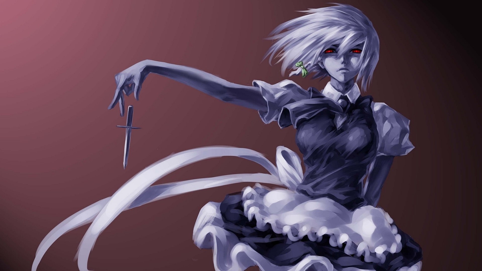 elegance, Touhou, Izayoi Sakuya, anime girls, make-up, studio shot, creativity, bizarre, motion, adult, indoors, clothing, colored background, anime, beautiful woman, HD Wallpaper