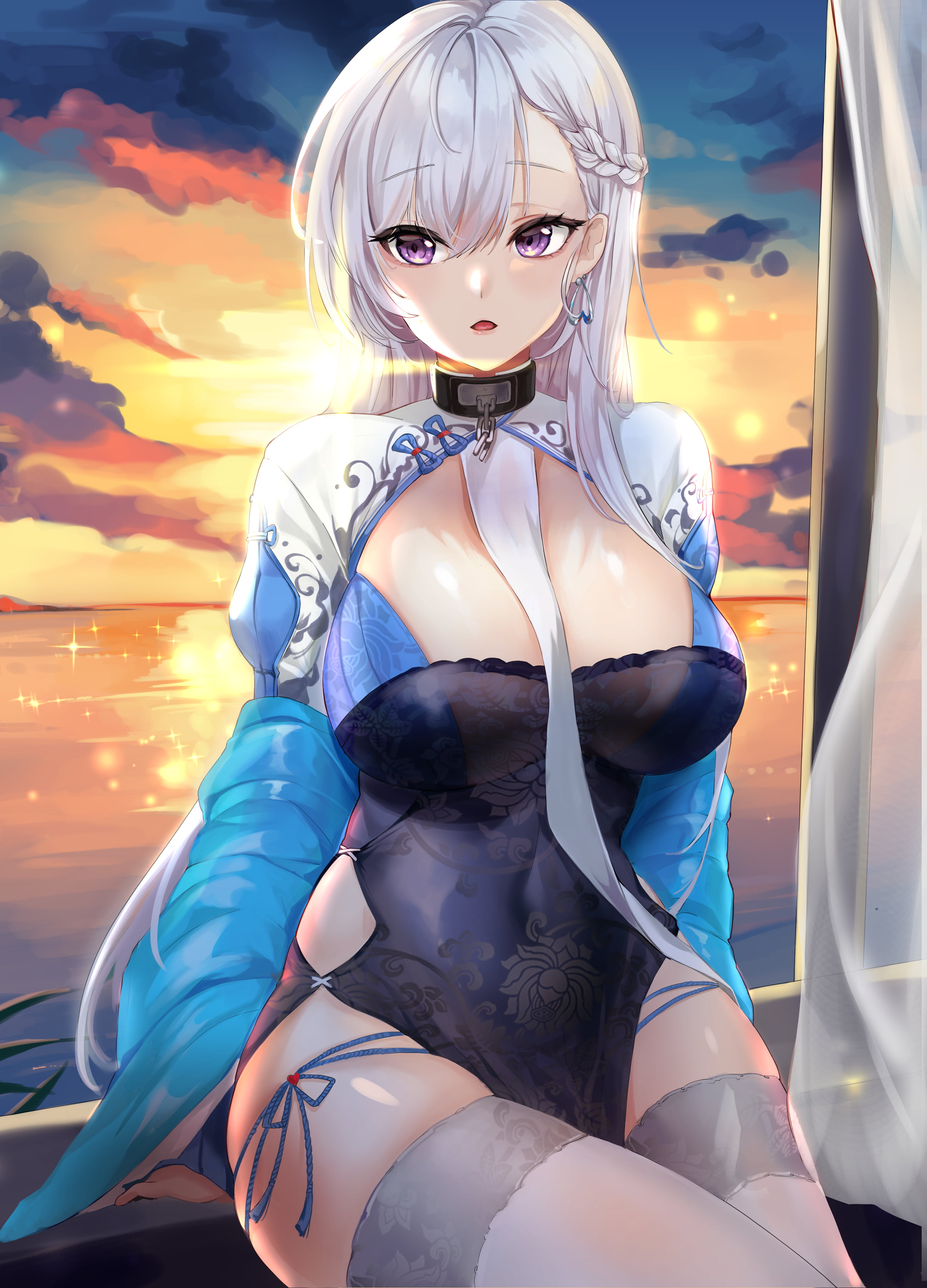 white hair, white stockings, anime girls, hold-up stockings, 2K, Azur Lane, Belfast (Azur Lane), lillly, Chinese dress, Phone HD Wallpaper